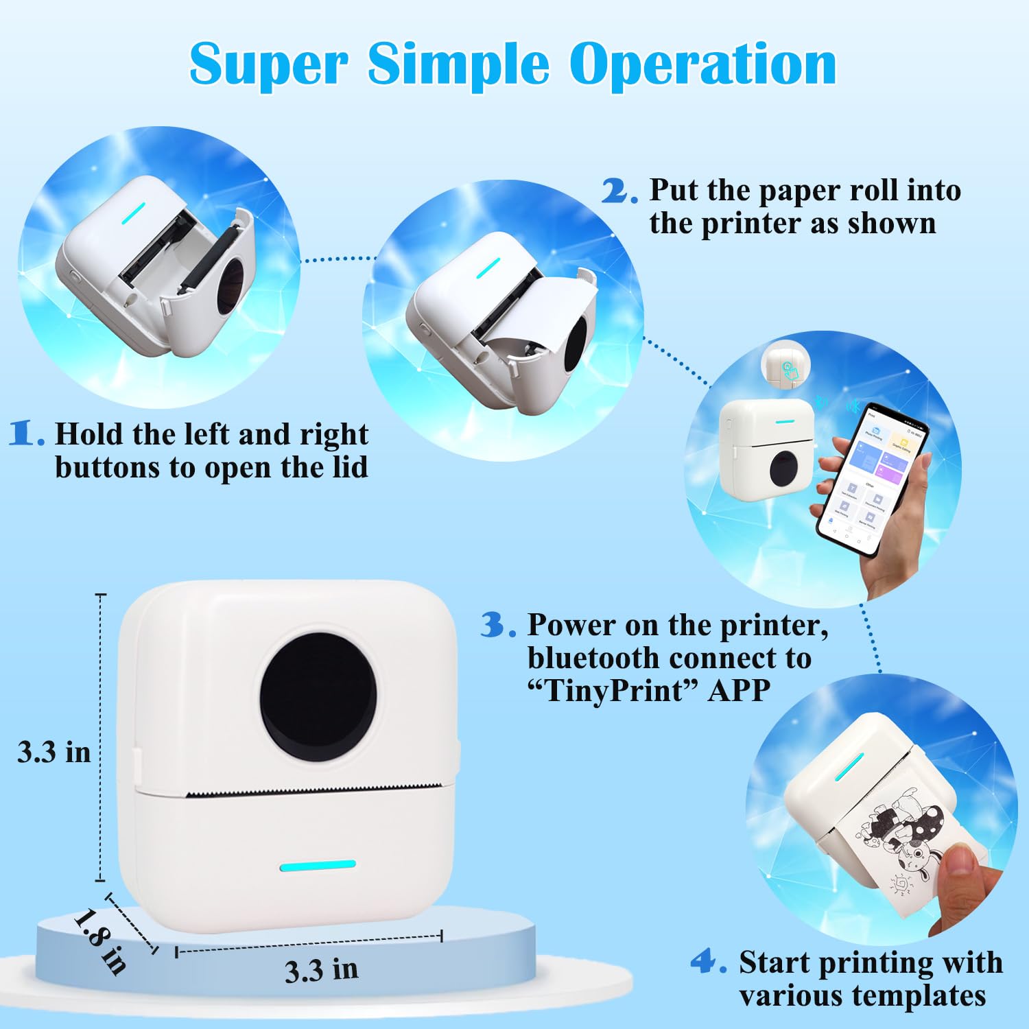 Mini Portable Inkless Thermal Printer - Wireless Sticker & Label Maker for Notes, Photos, Receipts | Includes 12 Rolls Paper | iPhone, Android, Tablet Compatible | Perfect for Home, Office & Travel Organization (White)