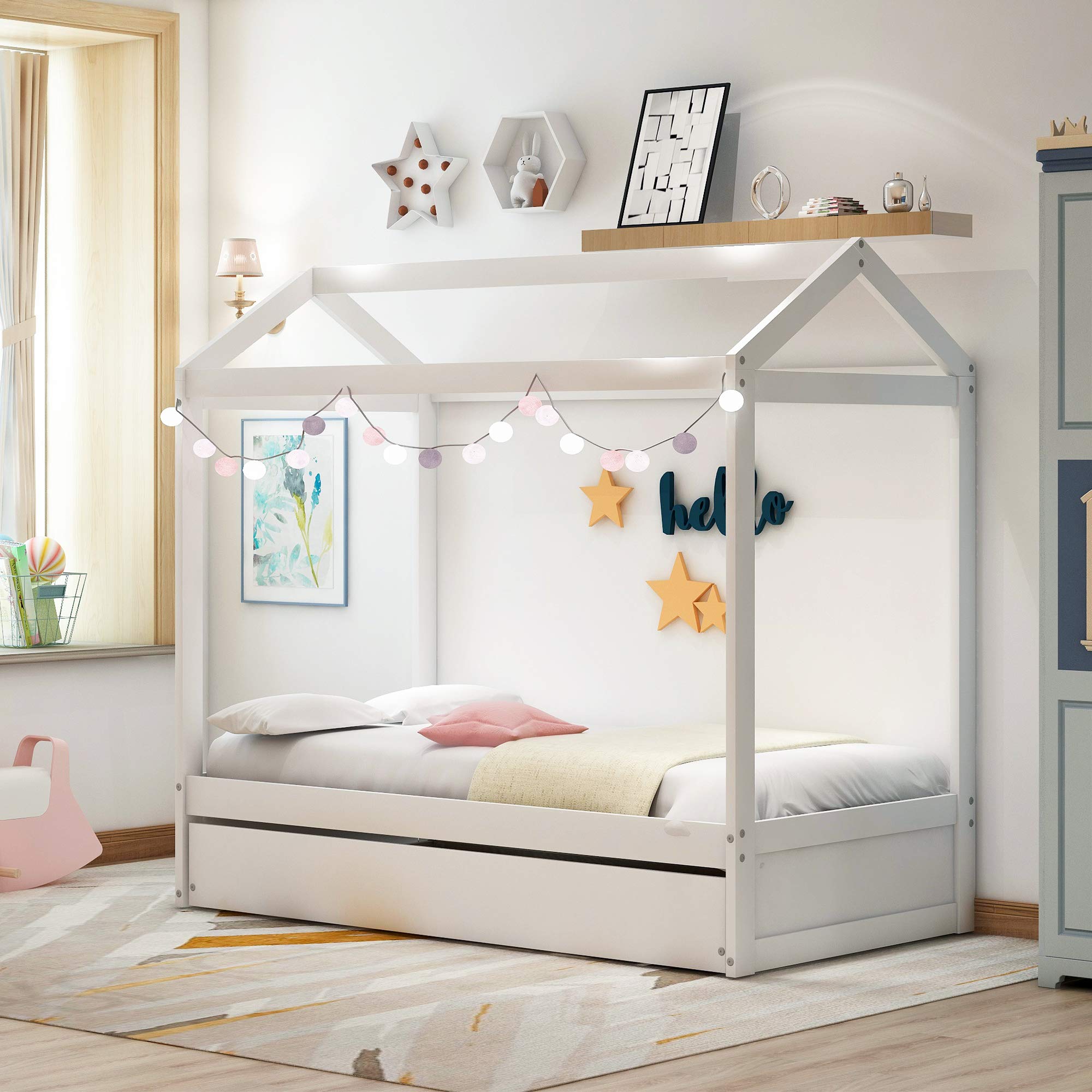 Twin Size Wooden House Bed with Trundle - Kids Daybed Frame for Toddlers, Teens, Boys & Girls - White Children's Bedroom Furniture for Playrooms, Guest Rooms & Cozy Sleep Spaces