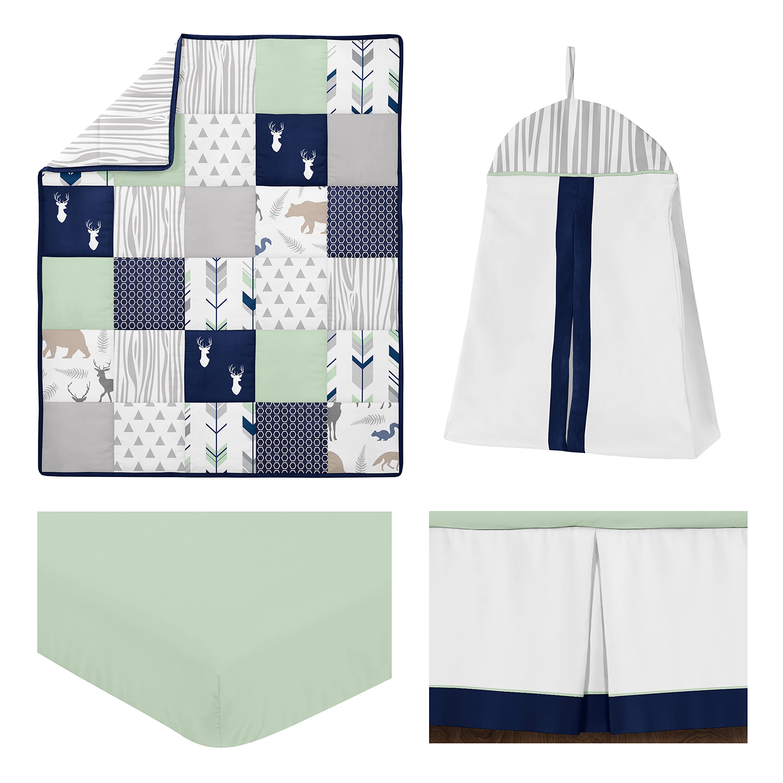 Sweet Jojo Designs Navy Blue, Mint & Grey Woodsy Deer Boys Baby Bedding 4-Piece Crib Set - Soft Nursery Bedding for Boys, Perfect for Cribs, Toddler Beds & Baby Showers