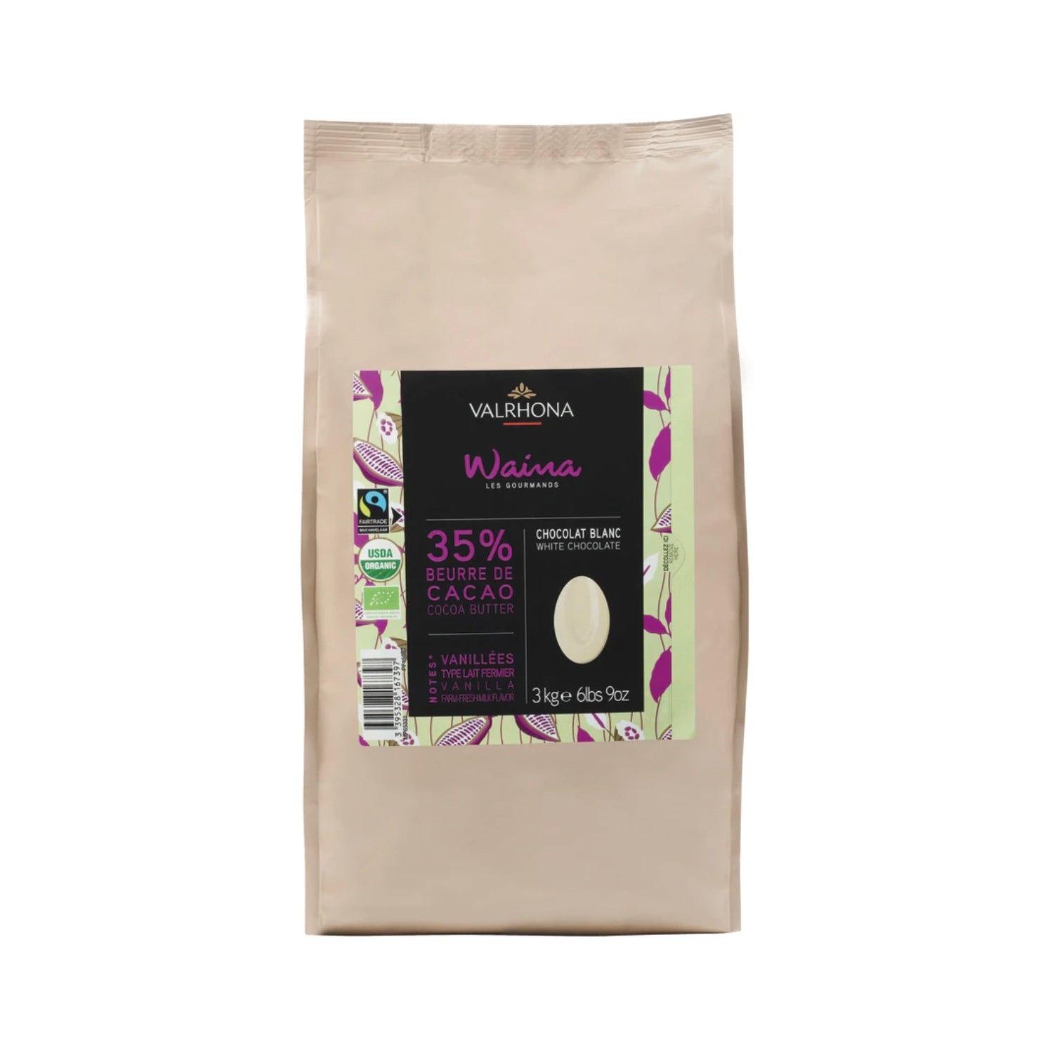 VALRHONA Waina 35% Organic White Chocolate Couverture Baking Bar - 3kg Bulk Pack for Professional Chefs, Pastry Making & Gourmet Desserts