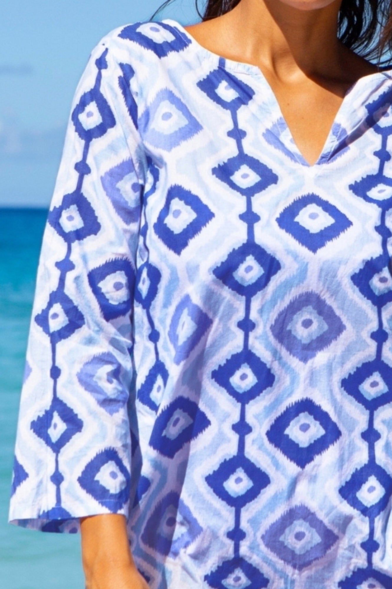 Guadalupe Organic Cotton Short Tunic Top - Diamond Ikat Blue/White Pattern - Breathable Summer Blouse for Women | Perfect for Beach, Vacation & Casual Outings