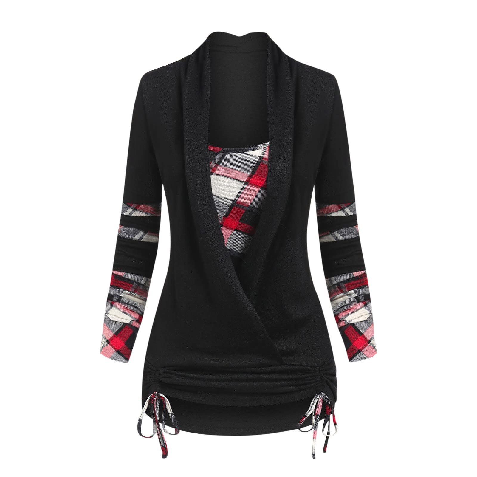 2 in 1 Women's Plaid Patchwork Wrap Shirt - V Neck Long Sleeve Tshirt with Cinched Waist | Casual Office Wear & Fall Layering Outfits