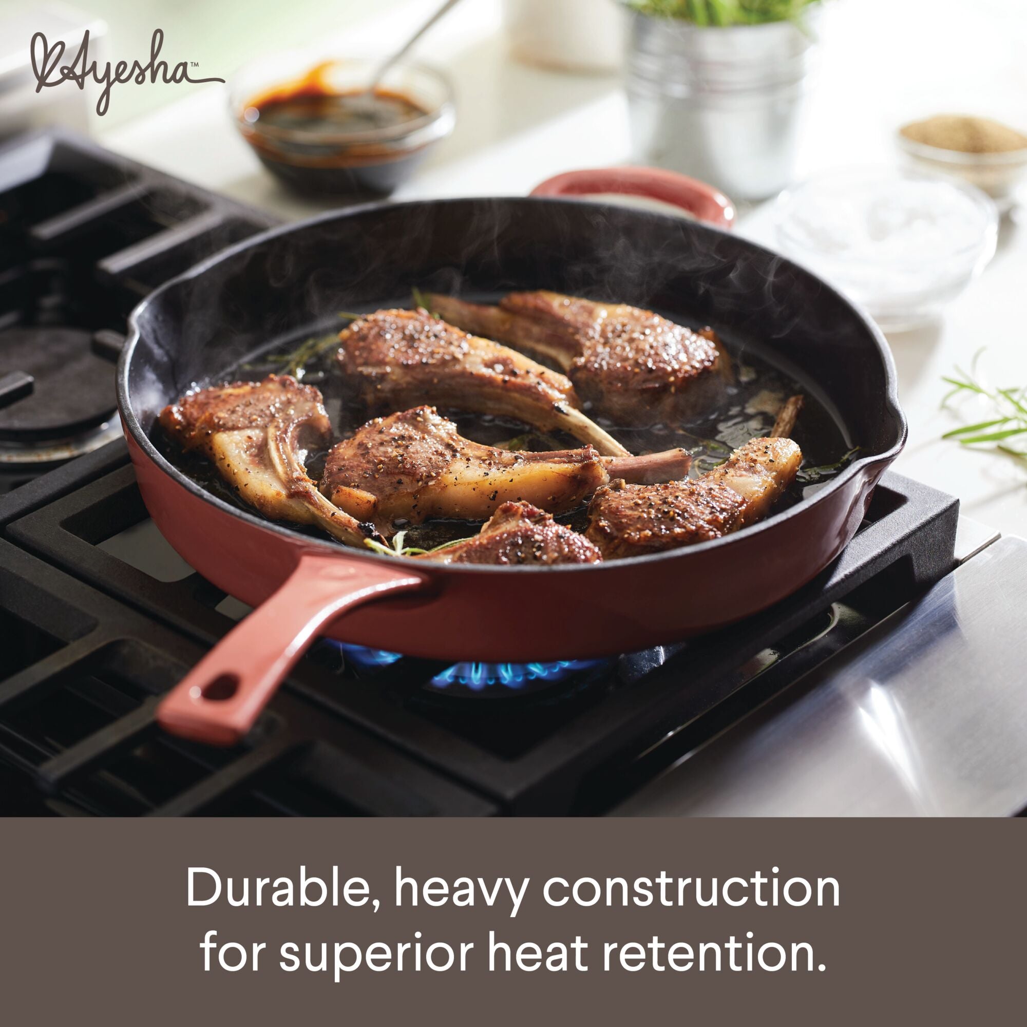 Premium 12 Inch Enameled Cast Iron Skillet with Helper Handle & Pour Spouts - Perfect for Searing, Baking & Stovetop to Oven Cooking