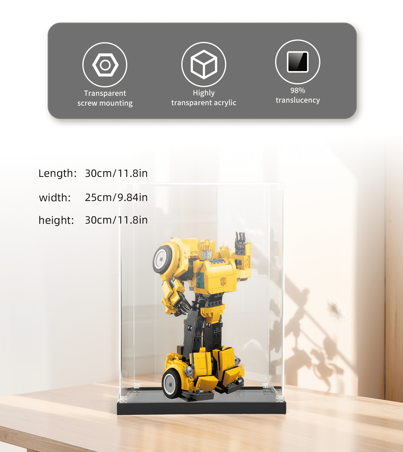 LEGO Icons Bumblebee 10338 Display Case - Clear Acrylic Protection for Collectible Models - Perfect for Showcasing on Shelves, Desks, or in Collections