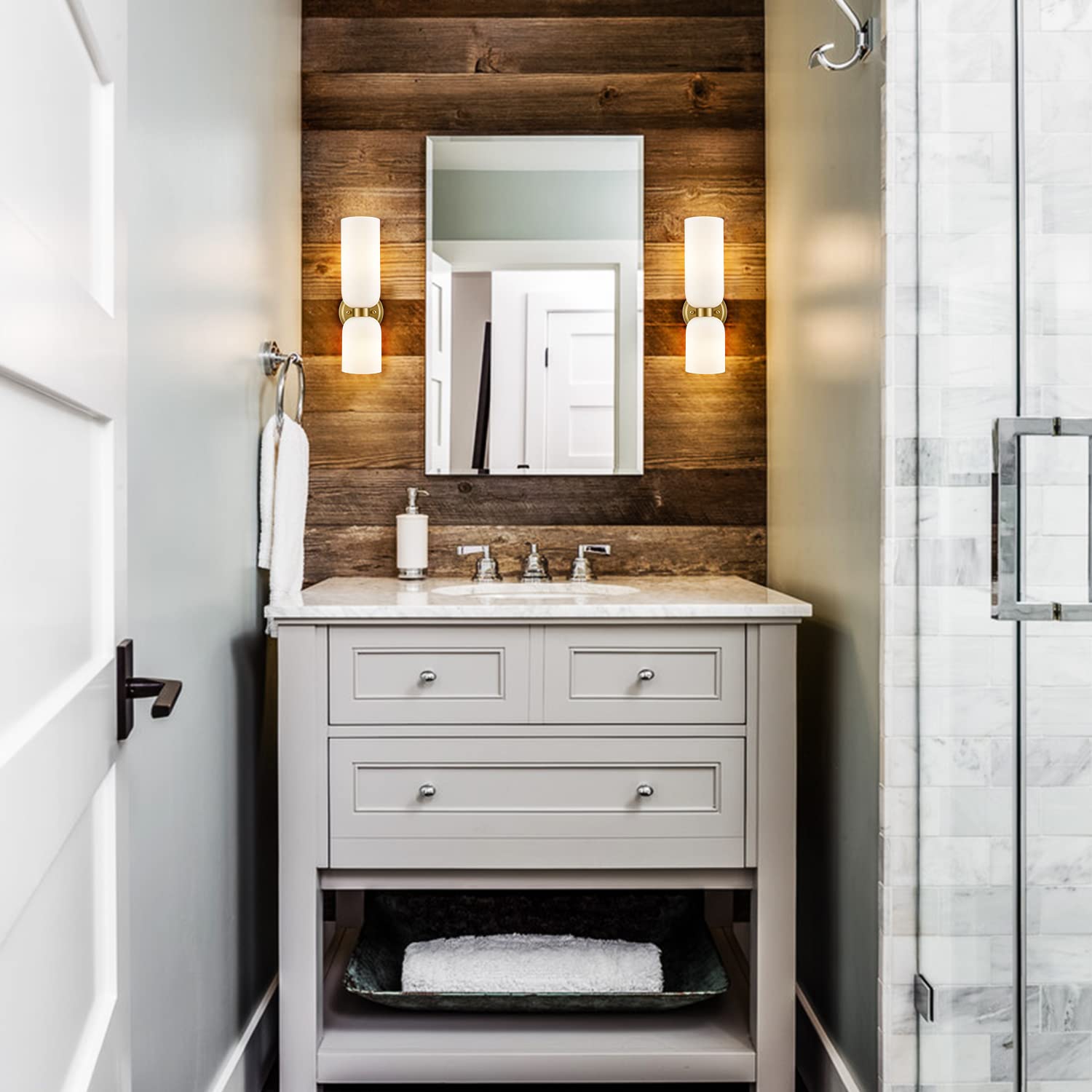 Modern Gold Wall Sconces Set of 2 - 2-Light Bathroom Vanity Lighting with Milky White Glass Shades - Perfect for Bathroom, Bedroom, and Hallway Decor