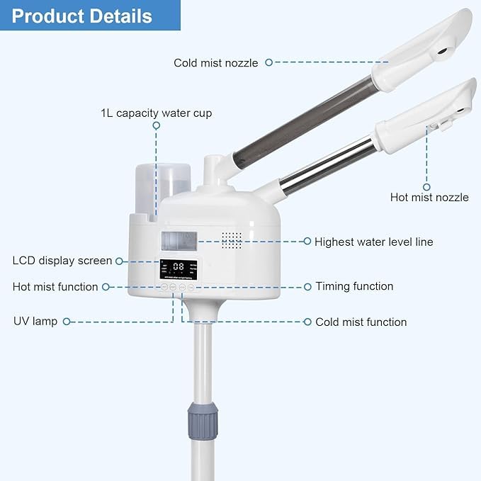 Qtavia Professional 2-in-1 Facial Steamer with Ozone Therapy for Deep Cleansing & Hydration - At-Home Spa Treatment for Glowing Skin