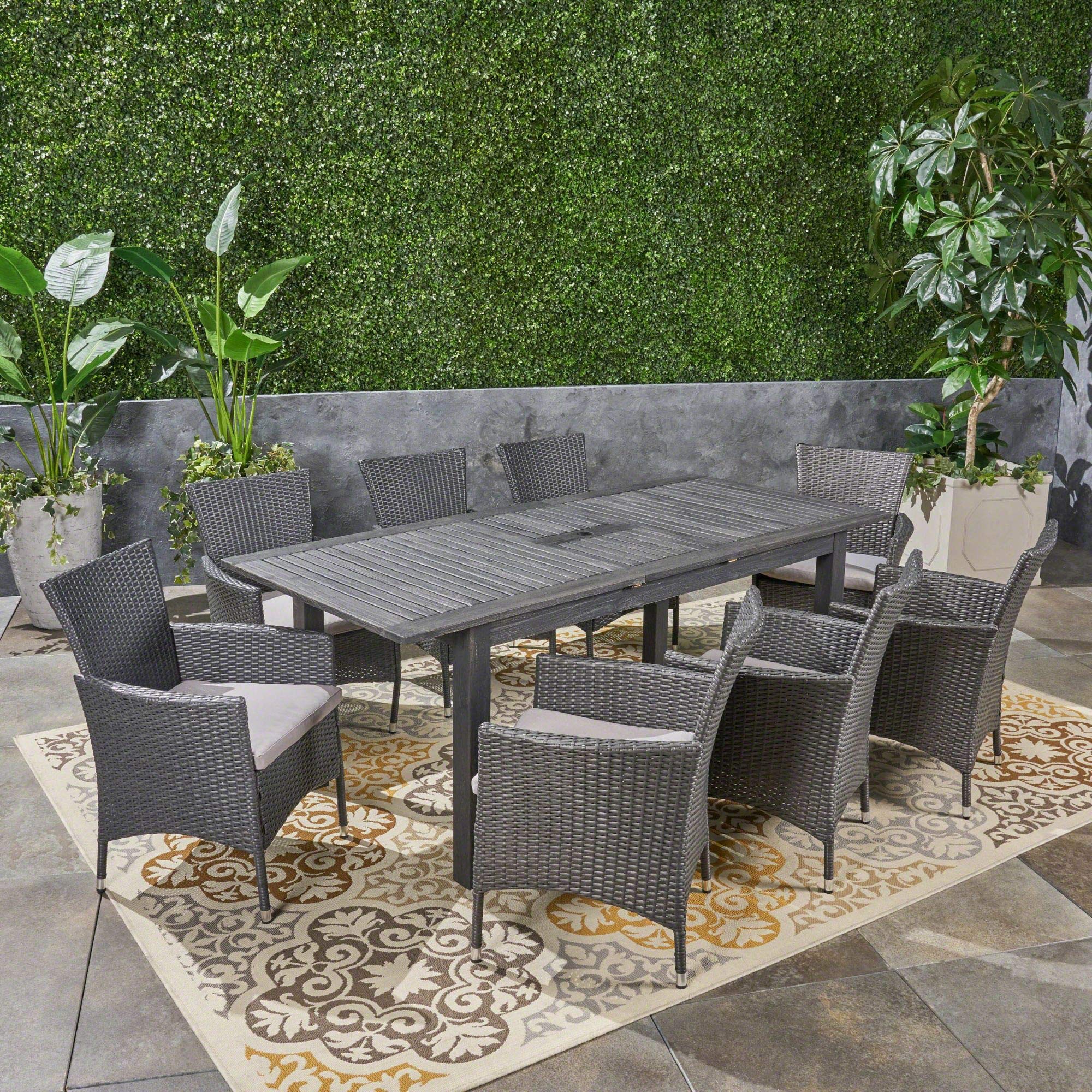 9-Piece Gray Outdoor Patio Dining Set with Expandable Table & Silver Cushions - Modern Contemporary Furniture for Backyard, Garden, Poolside & Alfresco Dining