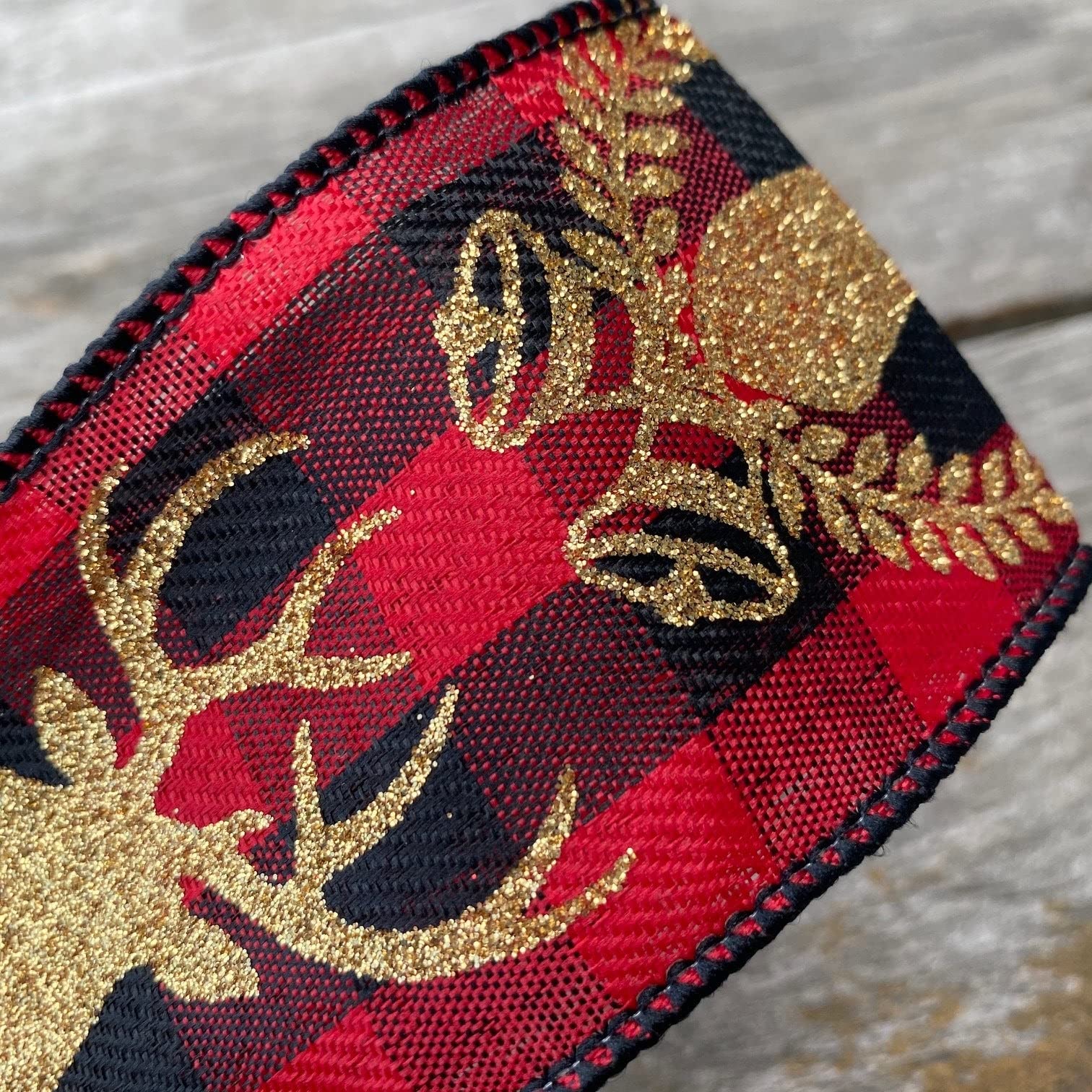 Gold Deer and Bells Christmas Wired Ribbon - Red and Black Checked Pattern for Holiday Gift Wrapping, Tree Decorations, and DIY Crafts