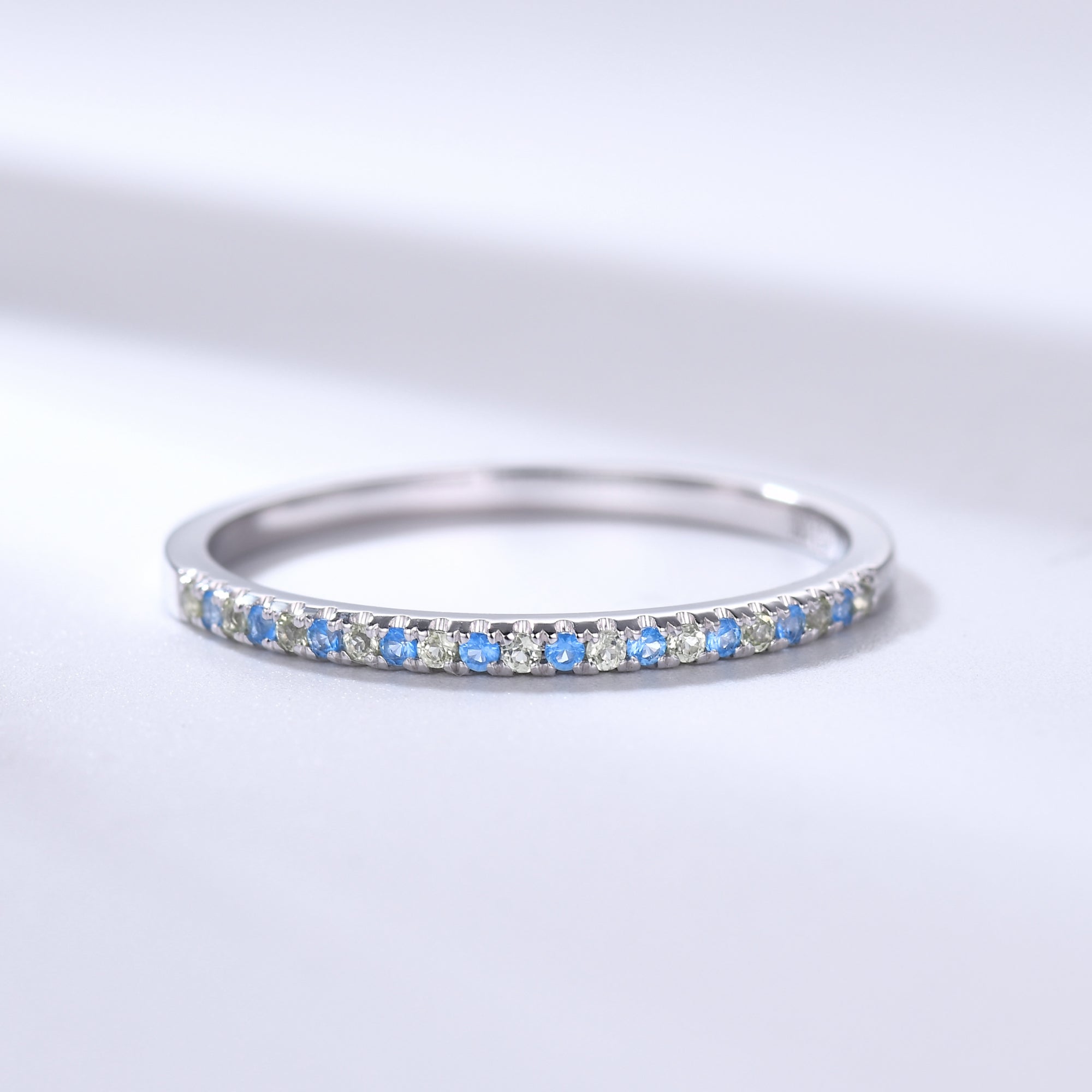 Petite Topaz Peridot White Gold Half Eternity Wedding Band Pave Stacking Ring for Women - Dainty Stackable Engagement Ring, Anniversary Gift for Her - Perfect for Bridal Jewelry, Everyday Wear & Special Occasions