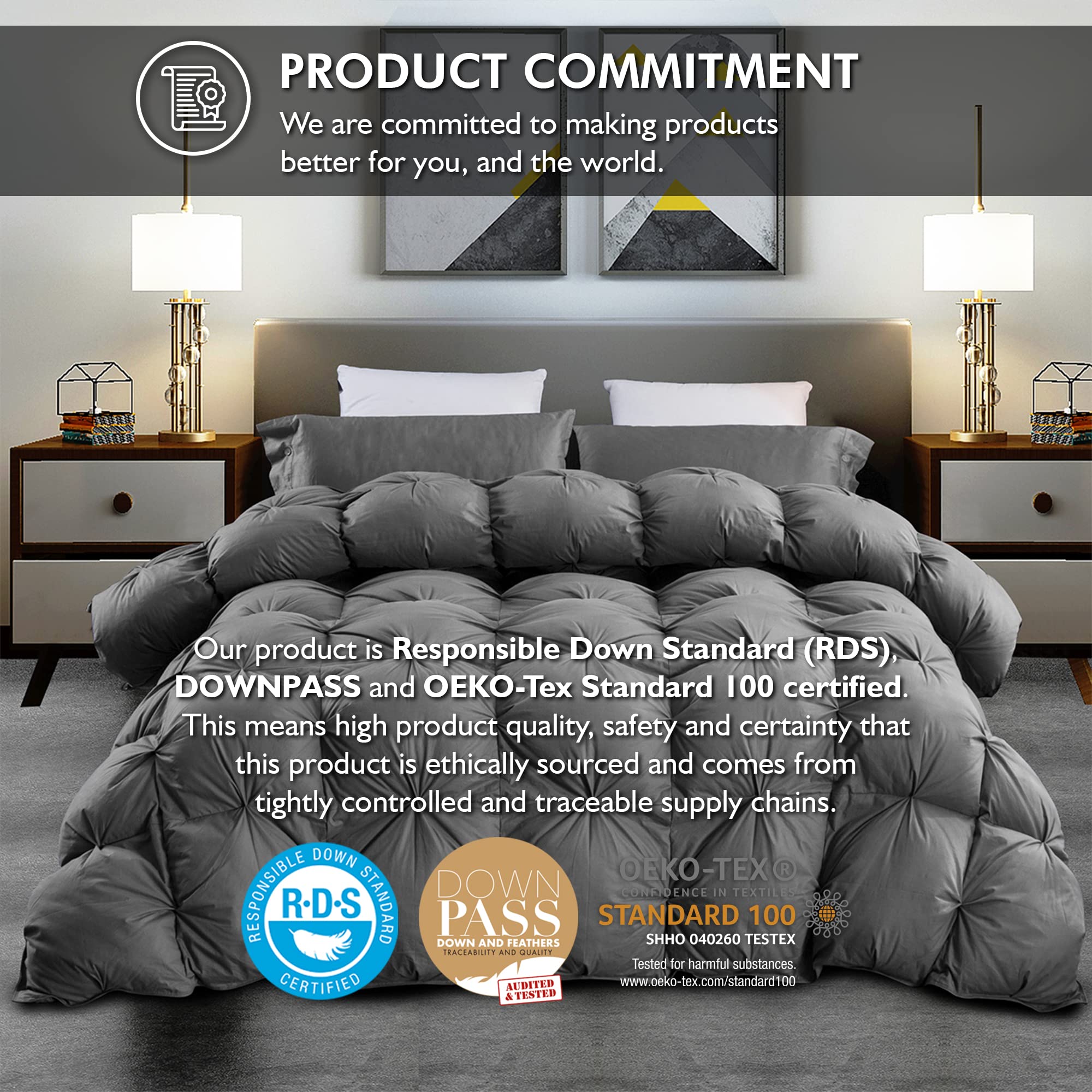 Premium 100% Egyptian Cotton Goose Down Comforter - King Size 120x98 Inches, 95 oz Fluffy Fill, All-Season Baffle Box Design, Gray Pinch Pleat - Ideal for Luxury Bedrooms, Hotels & Cozy Winter Nights