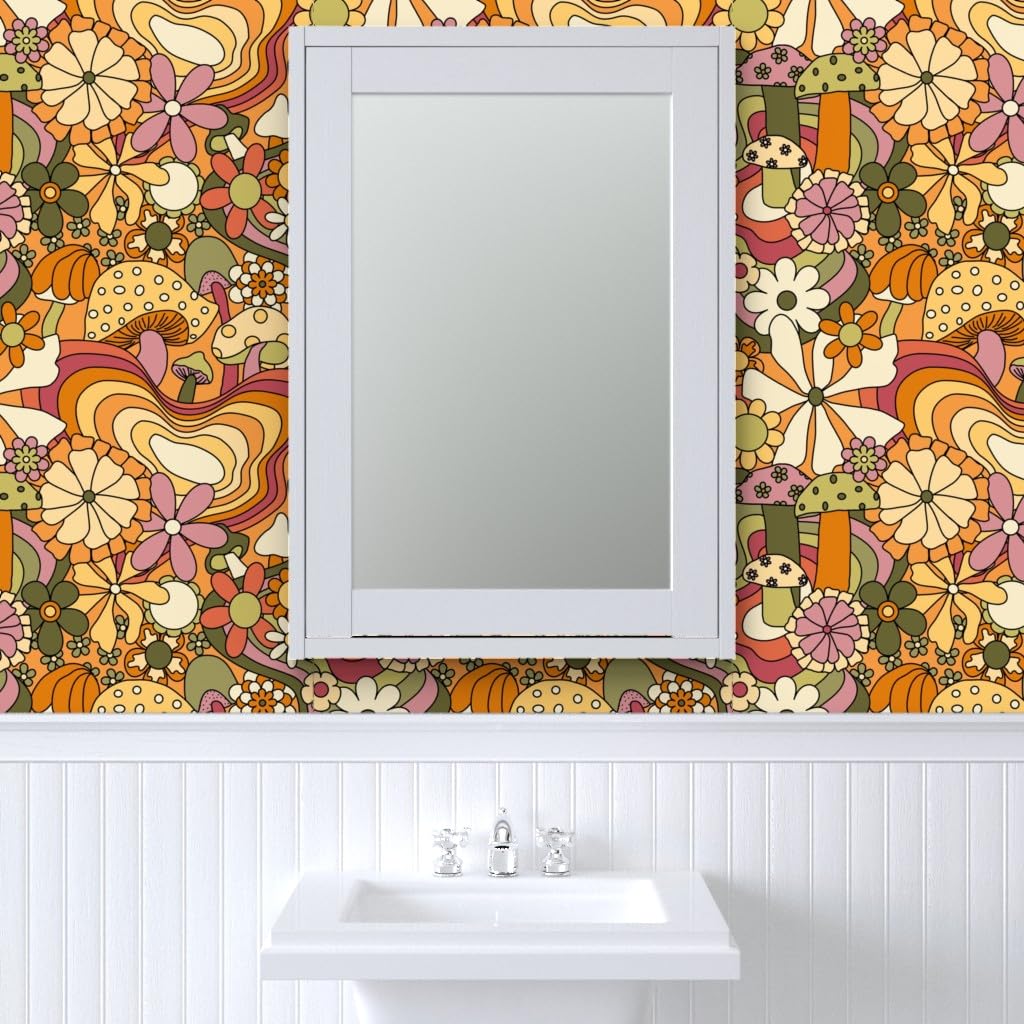 12ft x 2ft Removable Peel & Stick Wallpaper - Groovy Mushroom Garden Design | Self-Adhesive Wall Decor for Bedroom, Nursery & Living Room | Easy DIY Home Renovation by Spoonflower