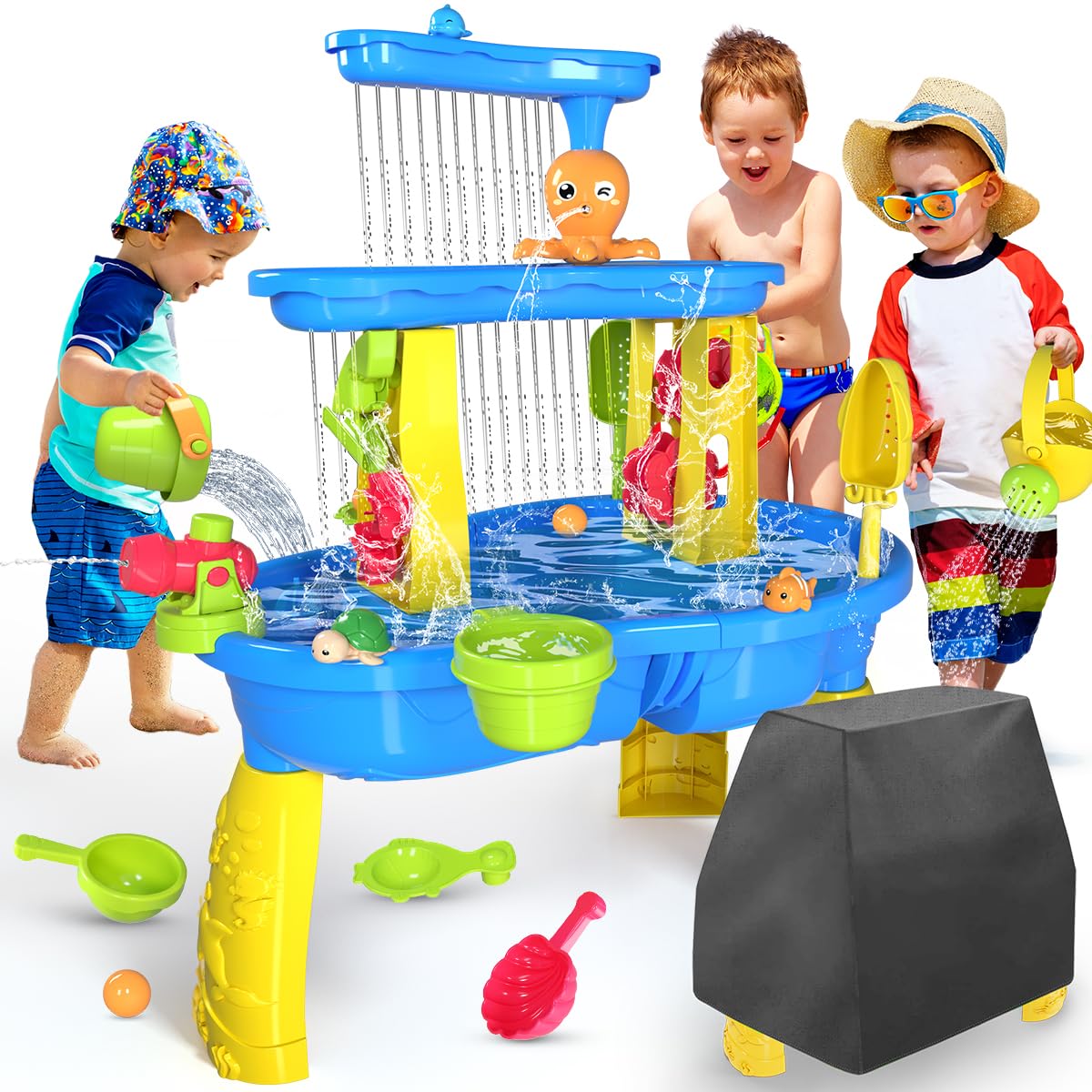 VATOS 3-Tier Sand and Water Play Table with Cover - Outdoor Kids Activity Toy for Ages 3-9 - Perfect for Summer Backyard, Beach & Garden Water Play - Toddler Sandbox & Splash Toy for Sensory Development