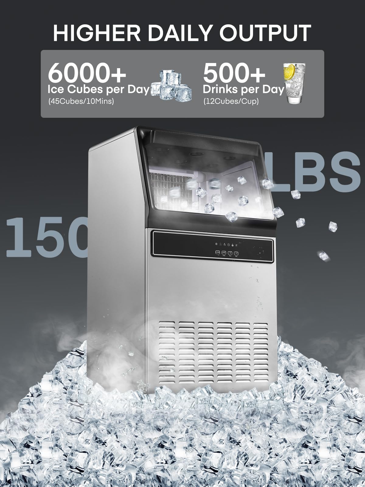 150lbs/24h Commercial Ice Maker Machine - Stainless Steel Under Counter Ice Machine with 33lbs Storage Bin - Freestanding Heavy Duty Ice Maker for Restaurants, Bars, Cafes & Hotels - Perfect for Cocktails, Beverages & Food Service