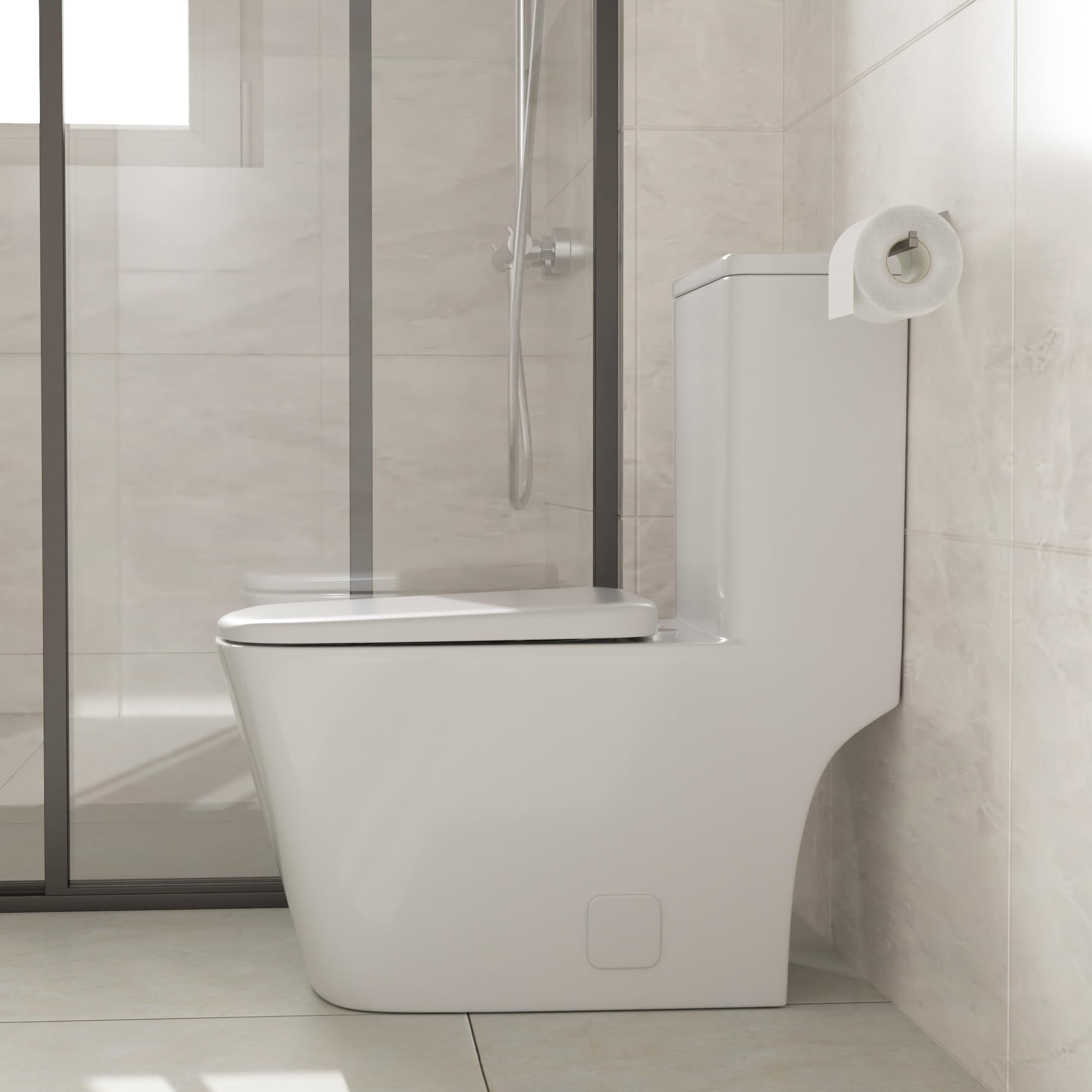 Sarlai One Piece Toilet - Comfort Height Elongated White Ceramic Modern Bathroom Toilet with Soft Close Seat, 12