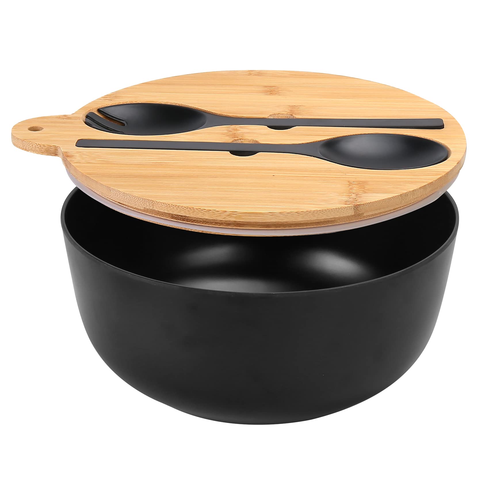 ShineMe 125oz Black Large Salad Bowl with Lid - Bamboo Fiber Airtight Mixing Bowl Set with Utensils for Kitchen, Storing, Serving & Travel | Perfect for Meal Prep, Picnics, Camping & Outdoor Dining