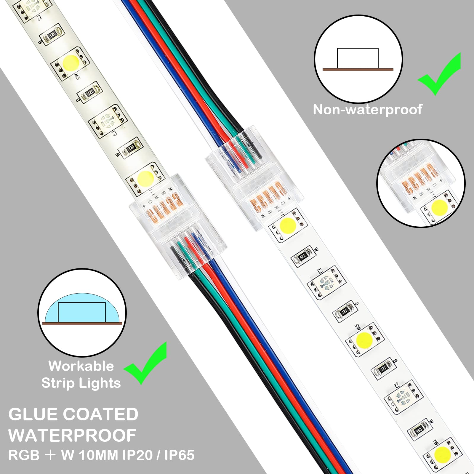 10 Pack 5 Pin RGBW LED Strip Connector Kit - Solderless Waterproof Transparent Connectors for LED Light Strips (16.4ft Extension Cable & Screwdriver Included) - Perfect for Home Theater, Gaming Setup, and DIY Lighting Projects