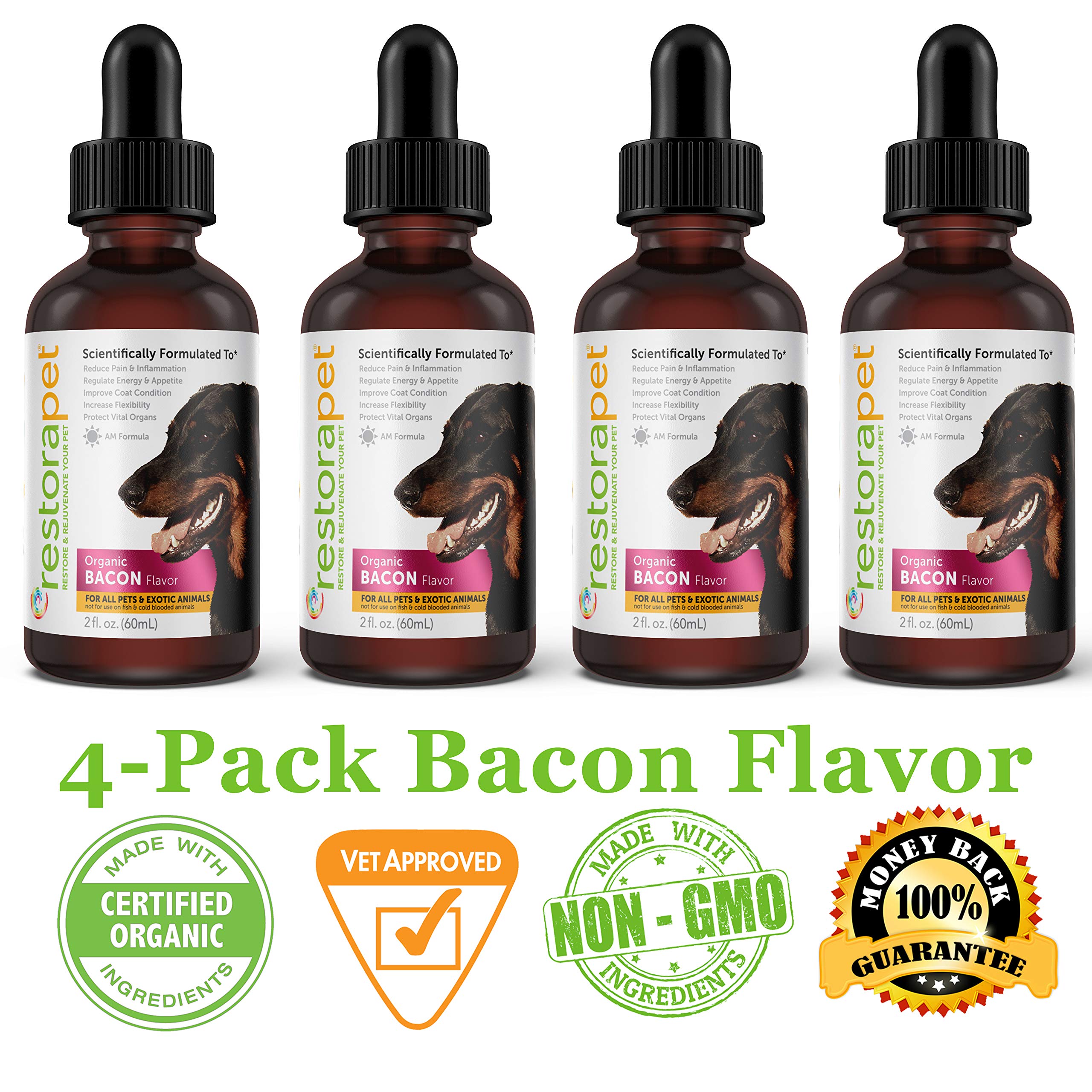 RestoraPet 4-Pack Bacon Flavor Liquid Multivitamin for Dogs & Cats - Organic Joint Pain Relief & Anti-Inflammatory Supplement | Vet Approved, Non-GMO | Supports Mobility & Hip Health for Senior Pets | Perfect for Daily Wellness & Arthritis Care