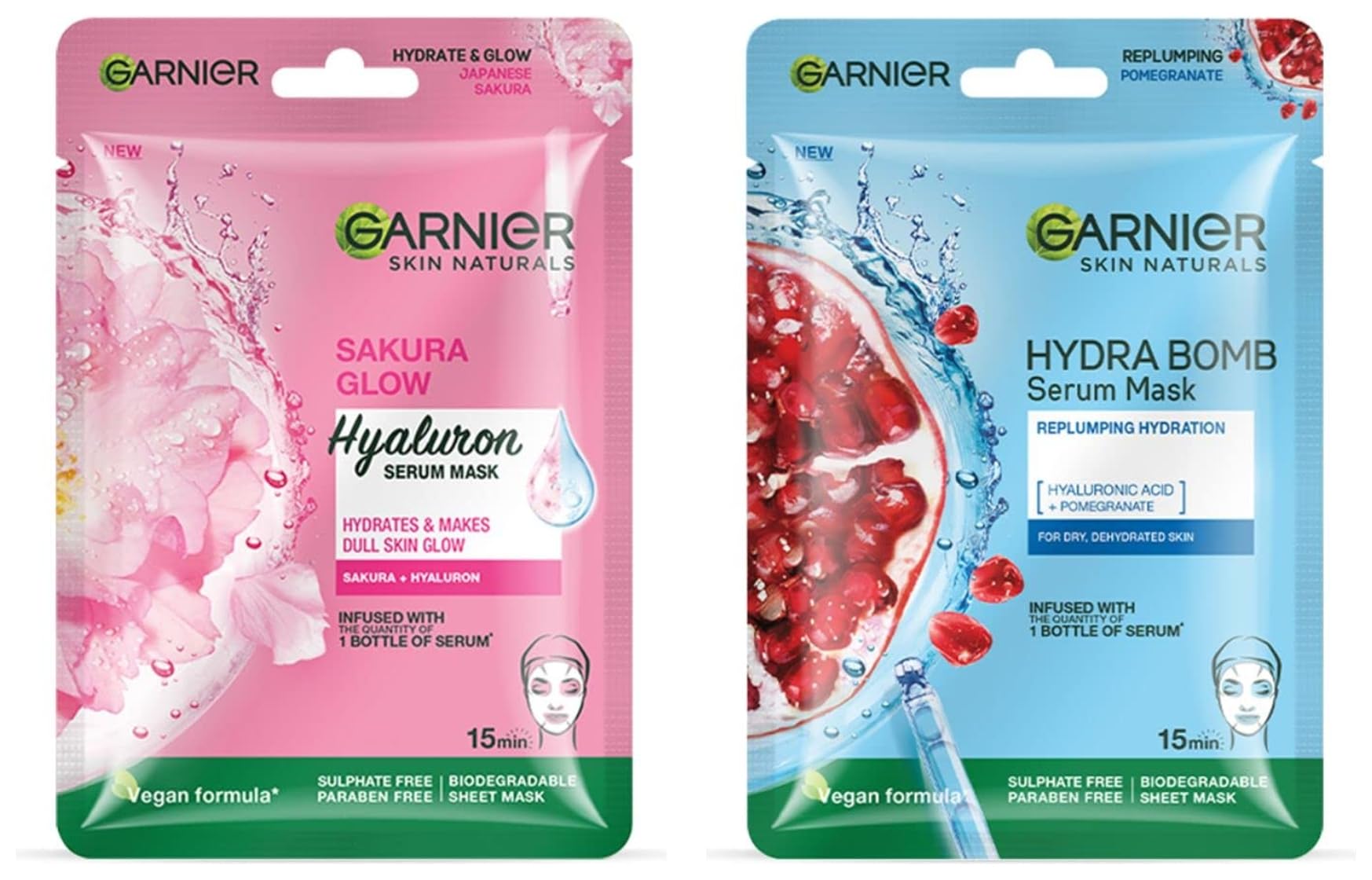 Garnier Skin Naturals Hydra Bomb & Sakura White Face Serum Sheet Masks Set - 32g Blue & Pink Hydrating Brightening Facial Masks for Glowing Skin - Perfect for Spa Night, Self-Care Routine & Travel Skincare