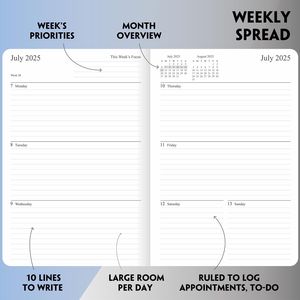 2025-2026 Weekly & Monthly Planner with Vegan Leather Cover - July 2025 to June 2026 Academic Calendar - Includes Holidays, Notes Pages & Elastic Closure - 5.5