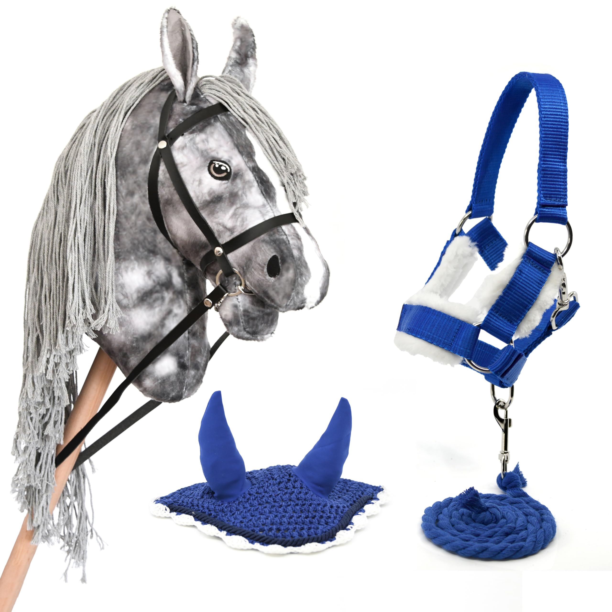 Blue Stick Horse with Reins, Halter, Lunge Line & Bonnet - Realistic Hobby Horse Toy for Kids Pretend Play, Birthday Gifts & Outdoor Activities
