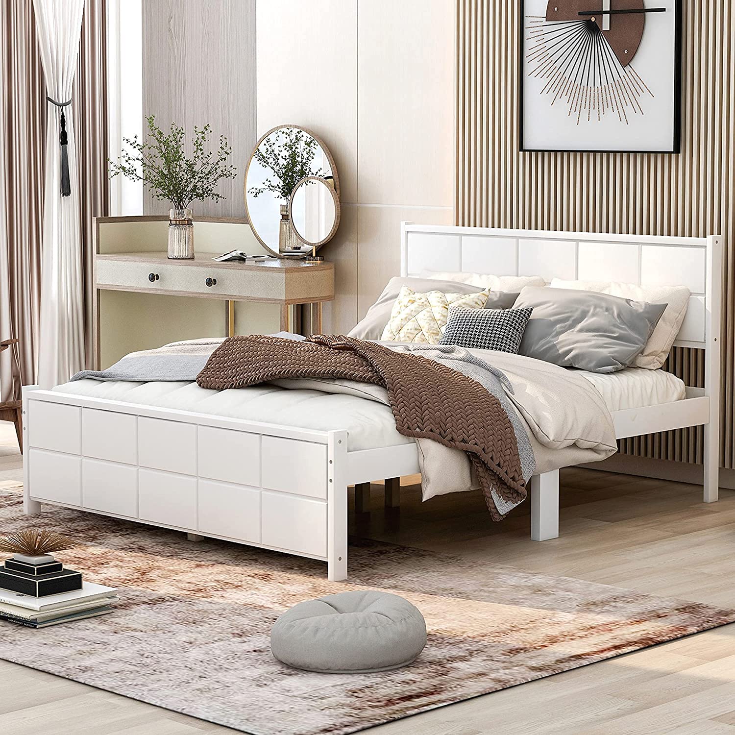 Minimalist Wooden Platform Bed Frame with Headboard & Footboard - ATH-S Full/Queen Size, Modern Design for Kids, Teens & Adults (Walnut/White) | Perfect for Bedrooms, Guest Rooms & Dormitories