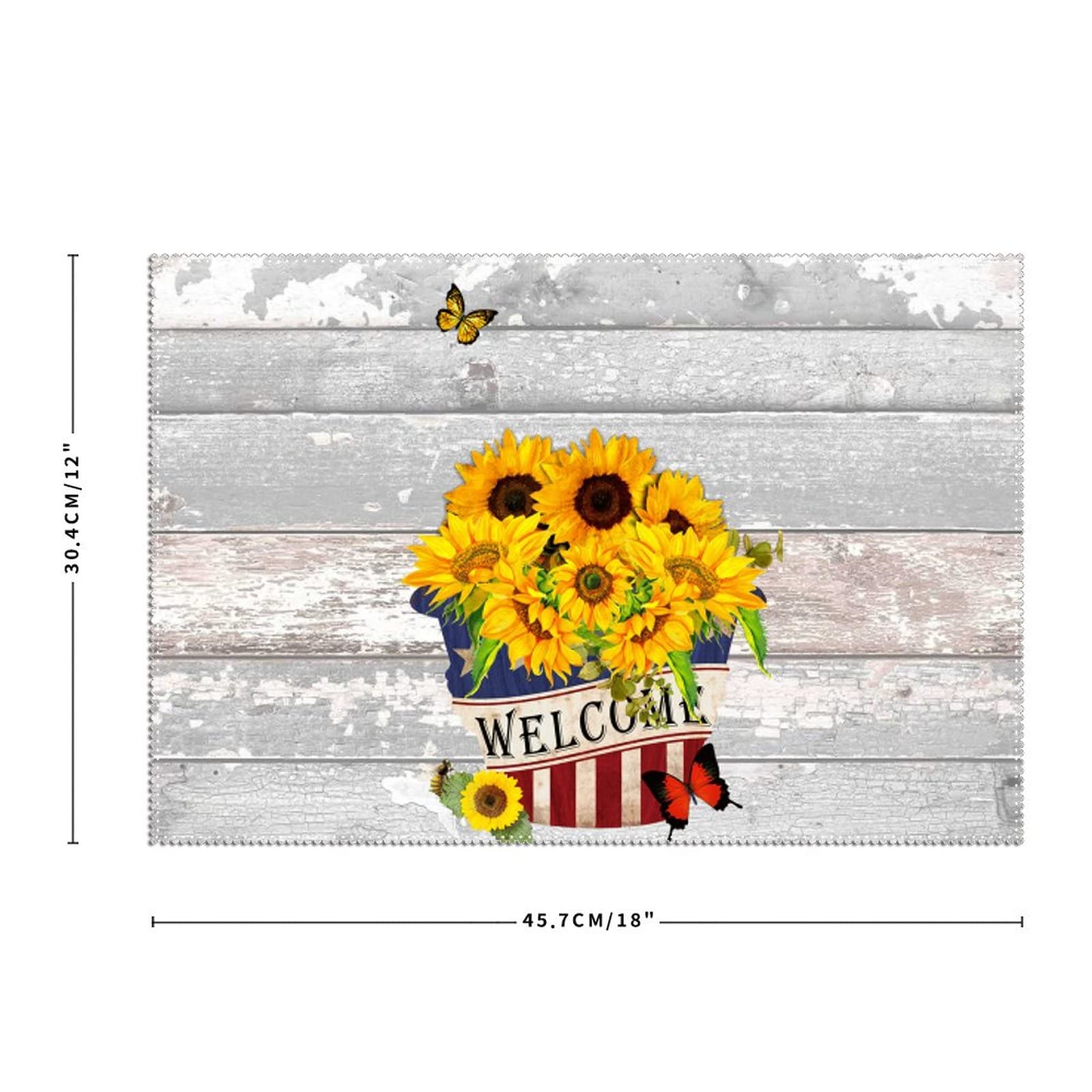 American Sunflowers Patriotic Welcome Place Mats Set of 4 - USA Flag Themed Heat Resistant Table Mats for Memorial Day Decorations, Dining Table Centerpiece with Flowers & Butterflies Design - Perfect for 4th of July BBQs, Family Gatherings & Patriotic Home Decor