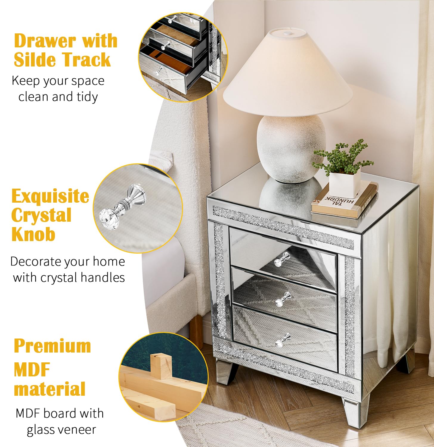 Henf Fully Assembled Silver Mirrored Nightstand with 3 Drawers & Crystal Knobs - Modern Bedside Table for Bedroom, Living Room (21.5