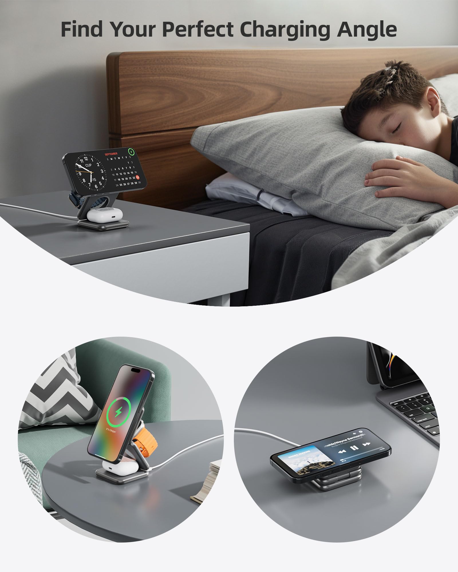 Foldable 3-in-1 Magnetic Wireless Charging Station - Qi2 Certified 15W Fast Charger for iPhone 16/15/14, 5W for Apple Watch & AirPods - Includes 45W PD Adapter - Aluminum Alloy Travel Charger (Gray) | Perfect for Home, Office & Travel Use