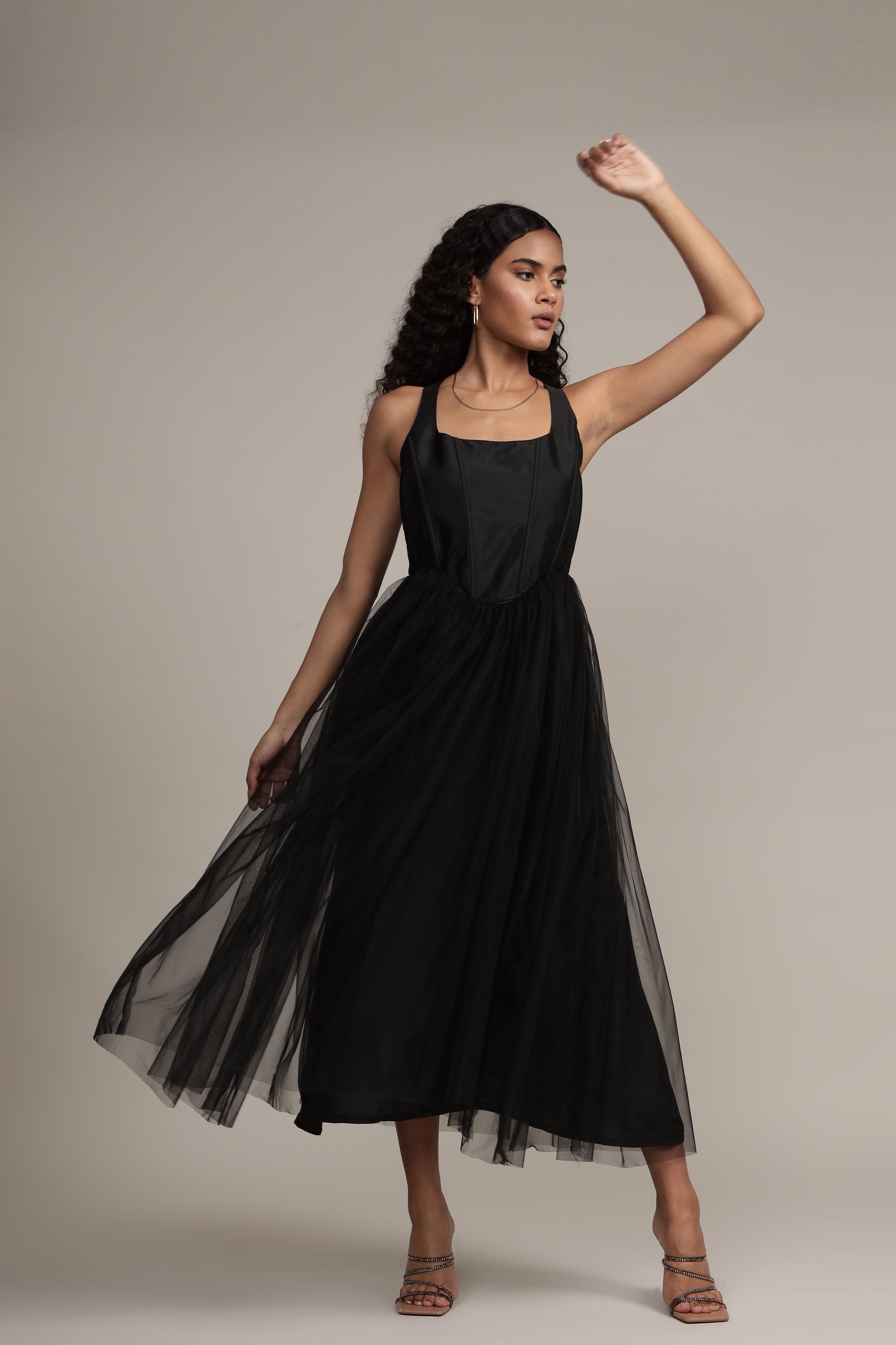 Gaela Mesh Midi Dress - Black Elegant Flowy Summer Dress for Women | Perfect for Beach Vacations, Date Nights & Cocktail Parties