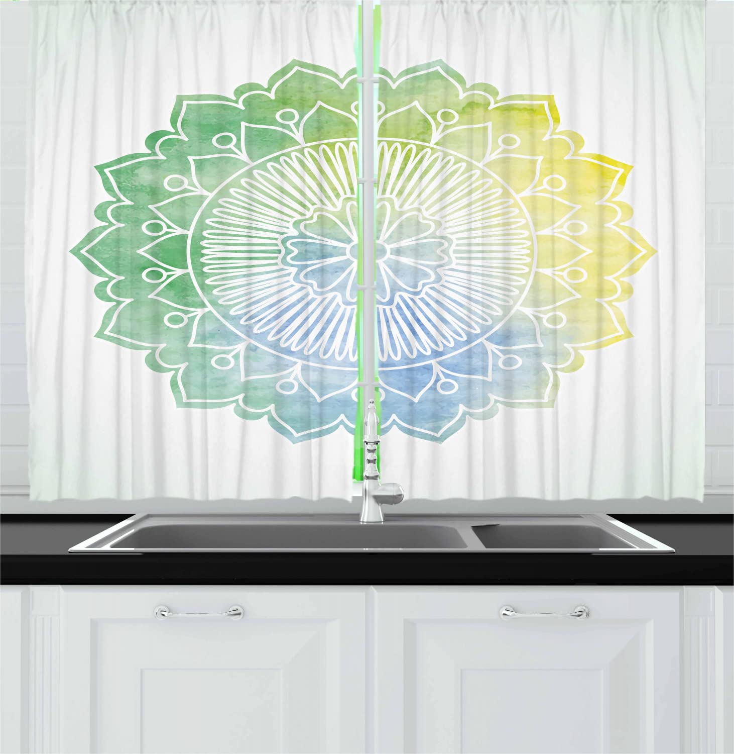 Ambesonne Lotus Long Kitchen Curtains - Boho Mandala Watercolor Traditional Artwork in Soft Jade Green, Pale Blue & Yellow | 55
