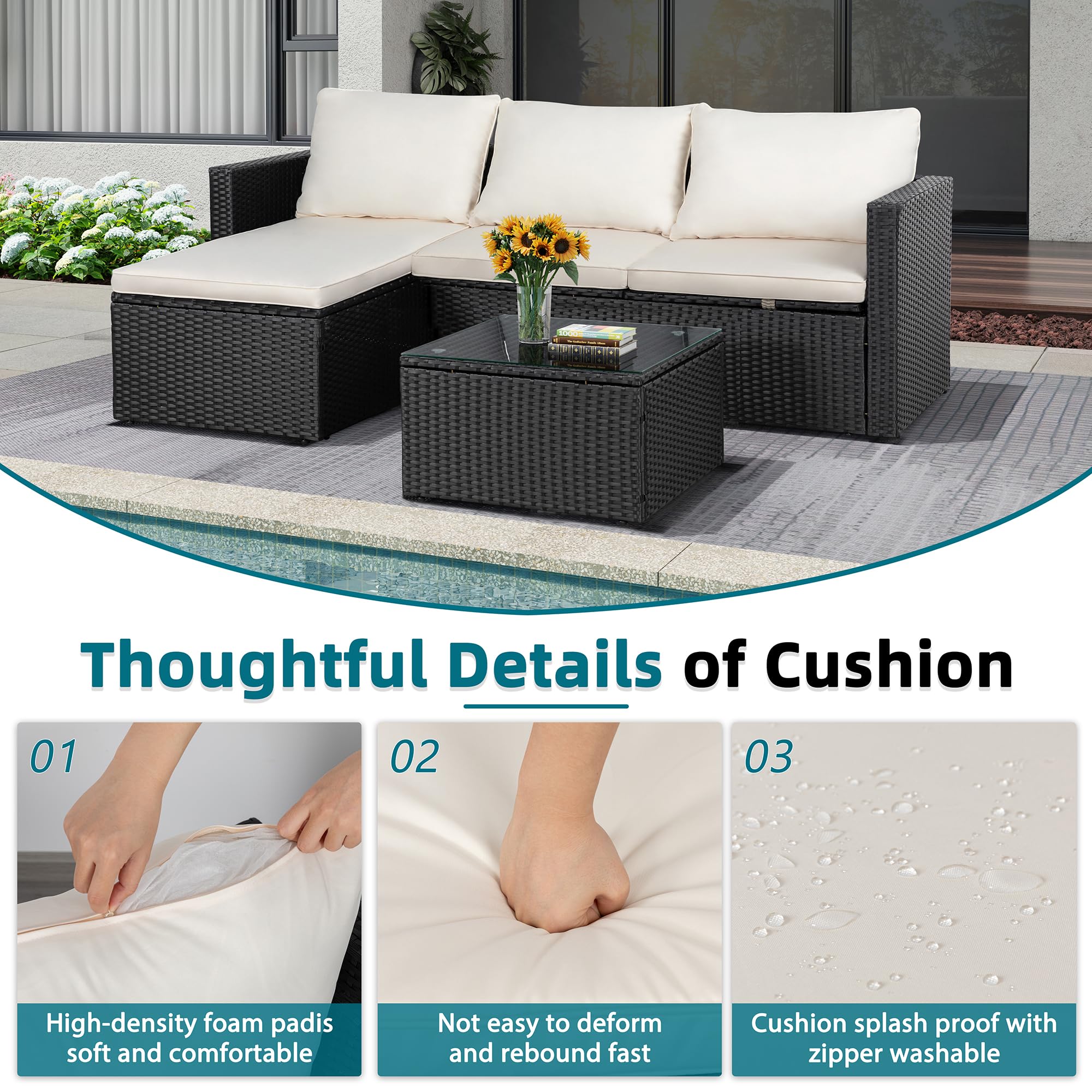 **SUNLEI 3-Piece Outdoor Patio Furniture Set with Detachable Cushions, Adjustable PE Rattan Sectional Sofa & Coffee Table – 5-Position Reclining, Black/White – Perfect for Backyard, Garden, Poolside & Balcony Relaxation**