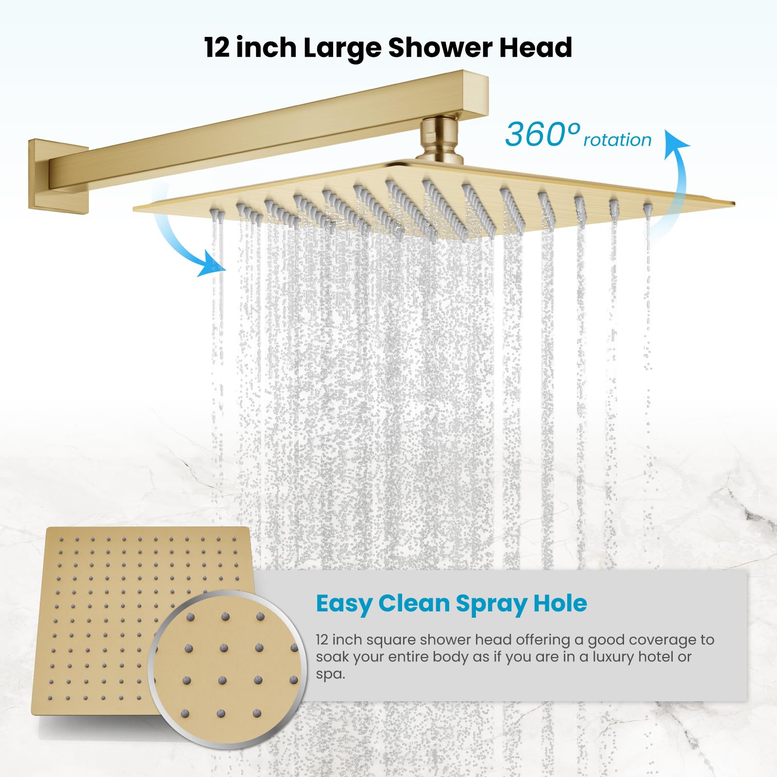 Gotonovo Rainfall Shower System - 12 Inch Brushed Gold Wall Mounted Shower Head with Pressure Balancing Mixer Valve - Complete Bathroom Shower Combo for Luxurious Spa Experience at Home