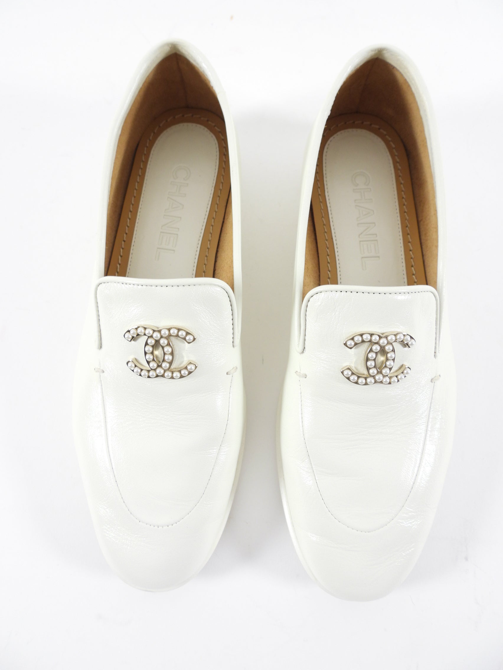 Chanel Ivory Leather Pearl CC Loafers Women's Size 37 / 36.5 - Classic Luxury Flats for Office, Party & Everyday Wear