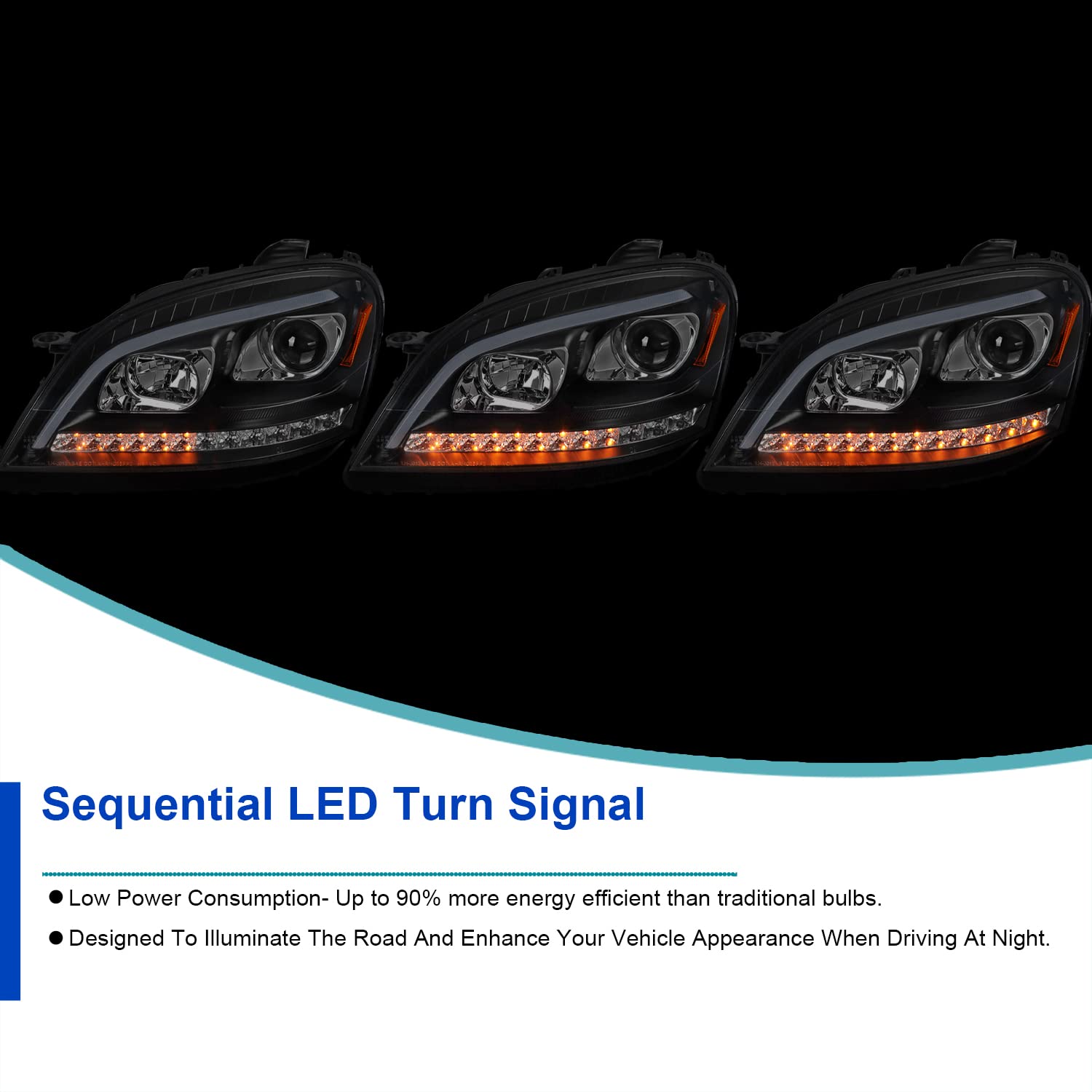 Spec-D Black LED Projector Headlights for 2006-2008 Mercedes ML-Class | Sequential Turn Signals | Left+Right Pair | Upgrade Your W164 ML350/500