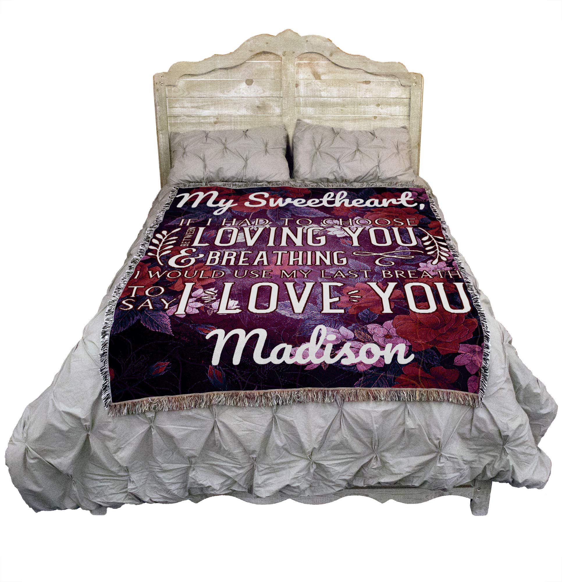 Personalized Purple Cotton Woven Throw Blanket - 'Breathing Loving You' Custom Gift Tapestry - Made in USA (72x54) - Perfect for Couples, Weddings & Cozy Home Decor