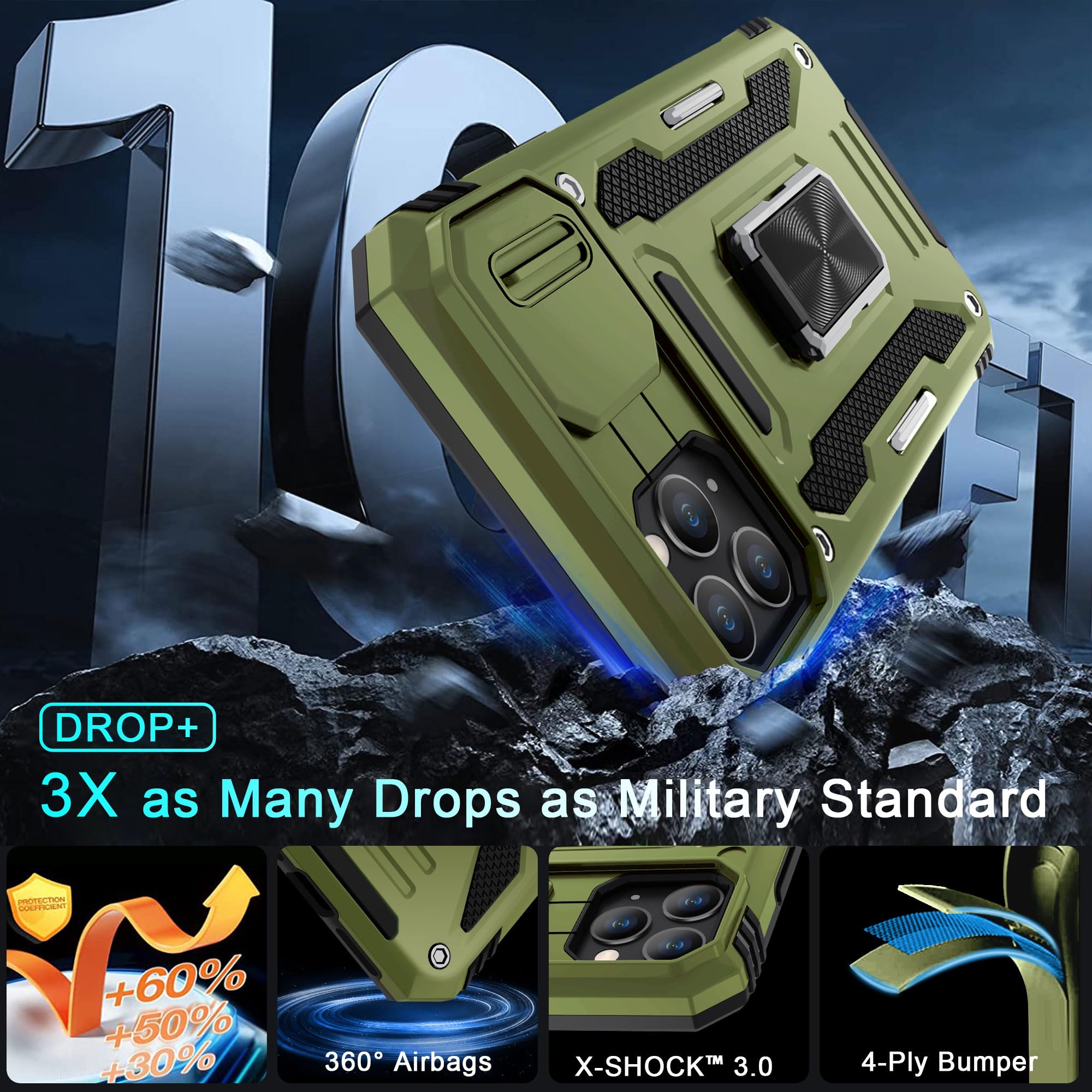 DEERLAMN iPhone 11 Pro Max Case with Slide Camera Cover & Screen Protector (6.5 Inch) - Military Grade Shockproof Protective Cover with Rotating Ring Kickstand in Olive Green | Perfect for Outdoor Activities, Travel & Daily Protection