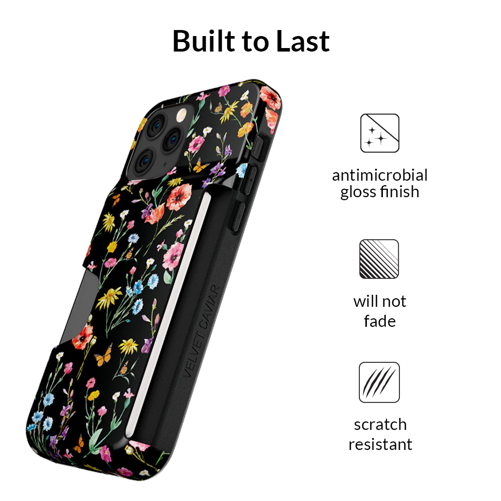 Premium Black Wildflower iPhone Wallet Case - Slim Protective Cover with Card Holder for iPhone 13/14/15 - Perfect for Everyday Use, Travel & Shopping