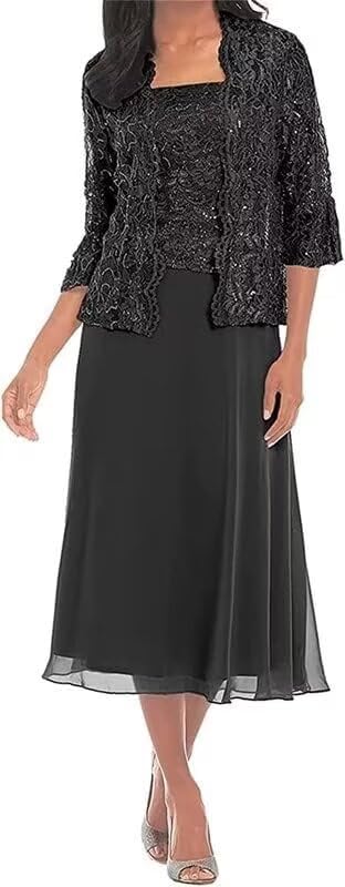 Elegant Plus Size Mother of The Bride Dress with Sleeves - Tea Length Formal Lace Gown in Black - US Size 14 - Perfect for Wedding Ceremonies, Receptions & Special Occasions