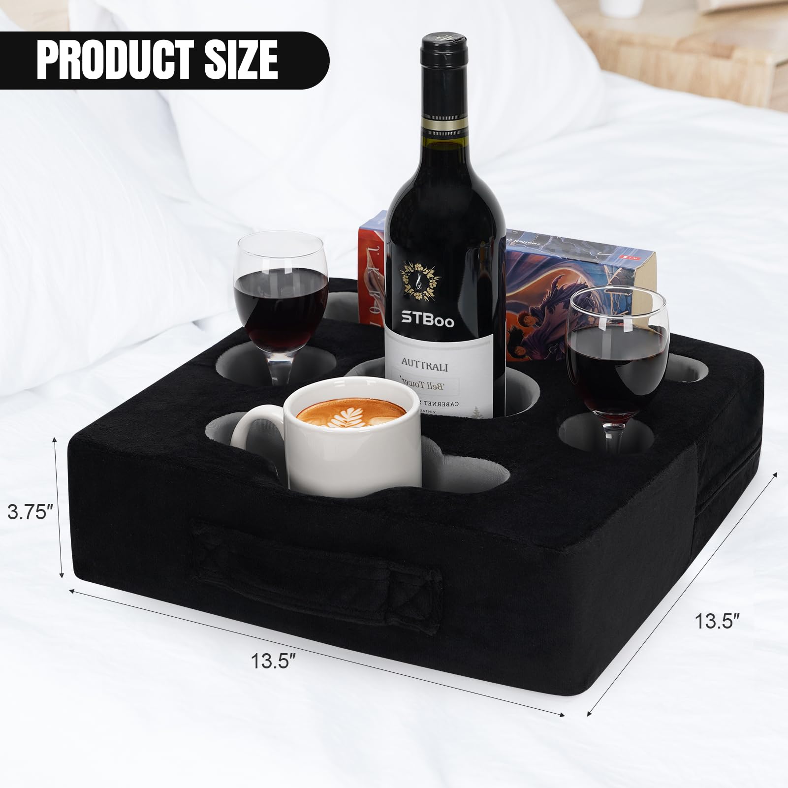 STBoo Couch Cup Holder Pillow Tray - Sofa Drink Holder with Snack & Phone Organizer | Portable Multi-Use Bed Caddy for Remote, Beverage, Tablet | Perfect for Car, Beach, RV, Boat, Bedroom & Outdoor Activities (Black)