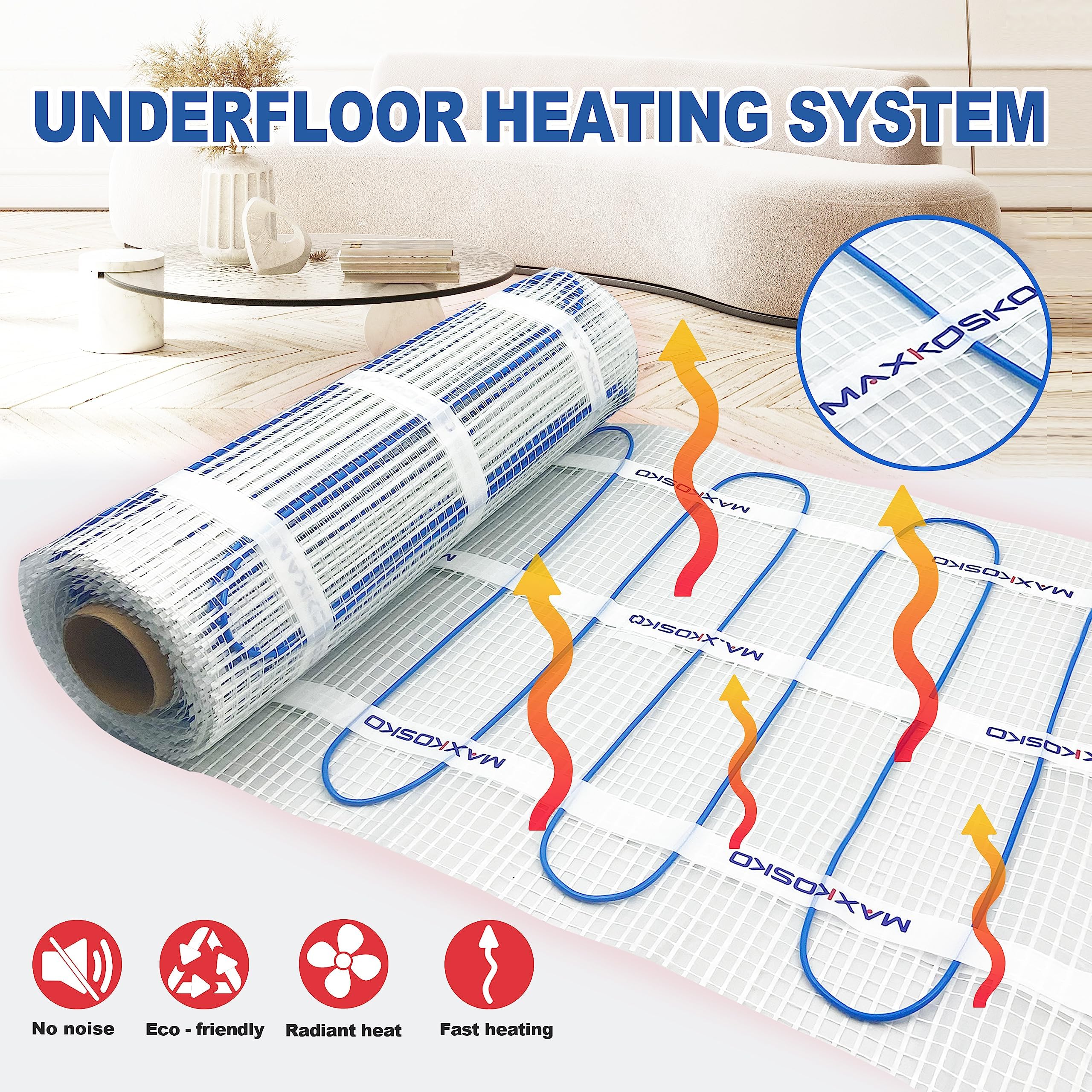 MAXKOSKO 60sq.ft. Electric Floor Heating Mat Kit - 120V Underfloor Radiant Heating System for Tile, Stone & Laminate Floors - Indoor Use with Alarm Cable Monitor - Perfect for Bathrooms, Kitchens & Basements