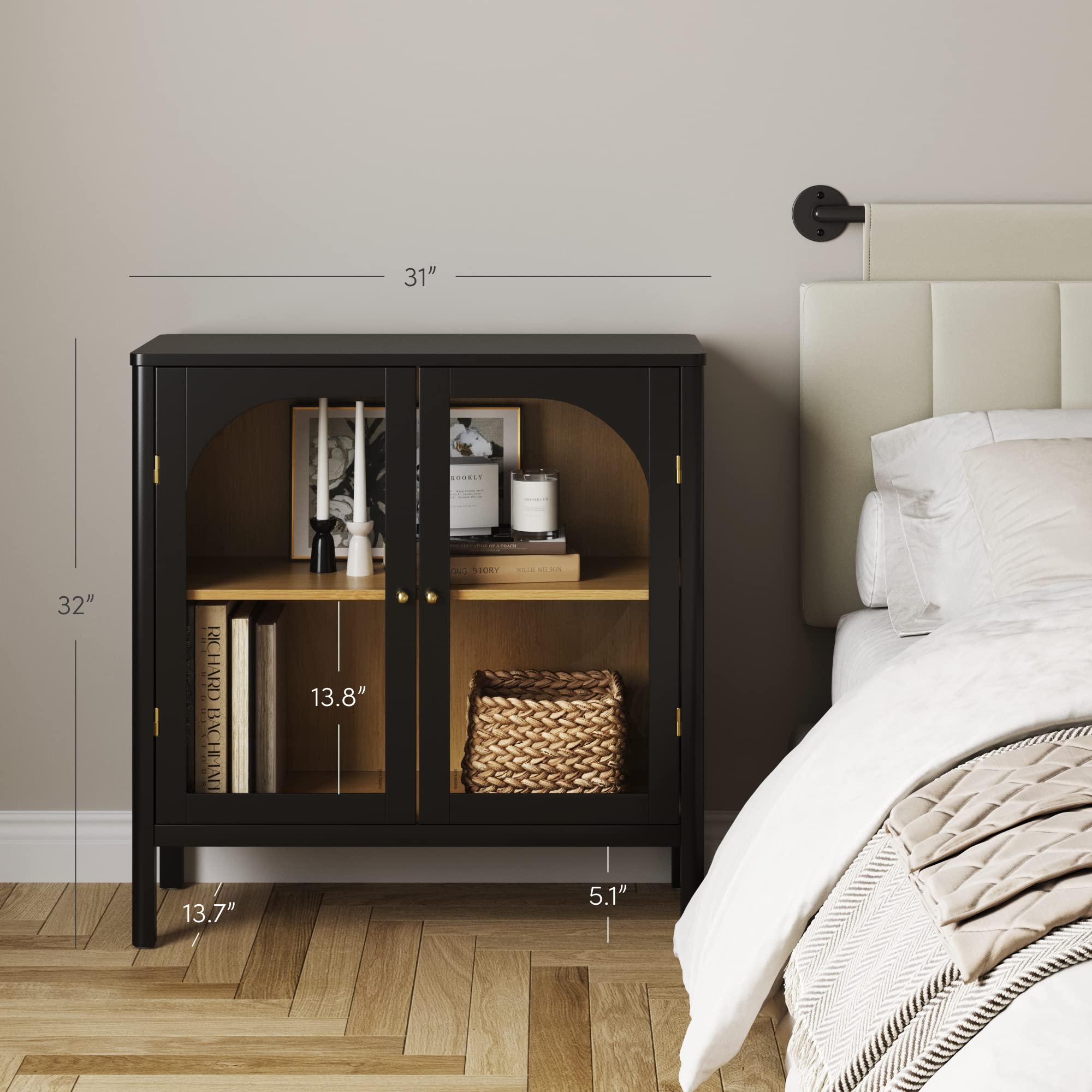 Nathan James Mason Modern Storage Cabinet - Black Oak Wood Buffet Sideboard with Glass Doors & Adjustable Shelf - Free Standing Accent Credenza for Dining Room, Entryway, Living Room - Perfect for Home Organization & Stylish Storage Solutions