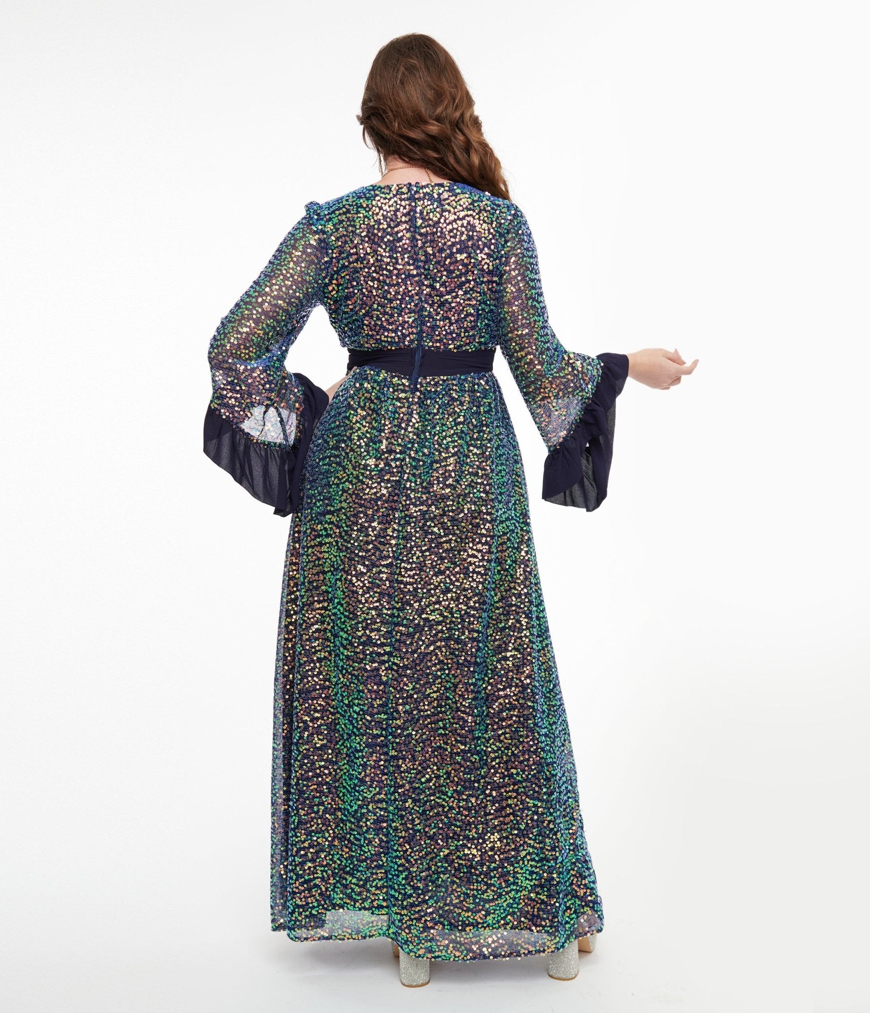 Vintage 1970s Navy Blue Glitter Sequin Maxi Dress - Retro Party Gown for Women, Evening Formal Wear & Special Occasions