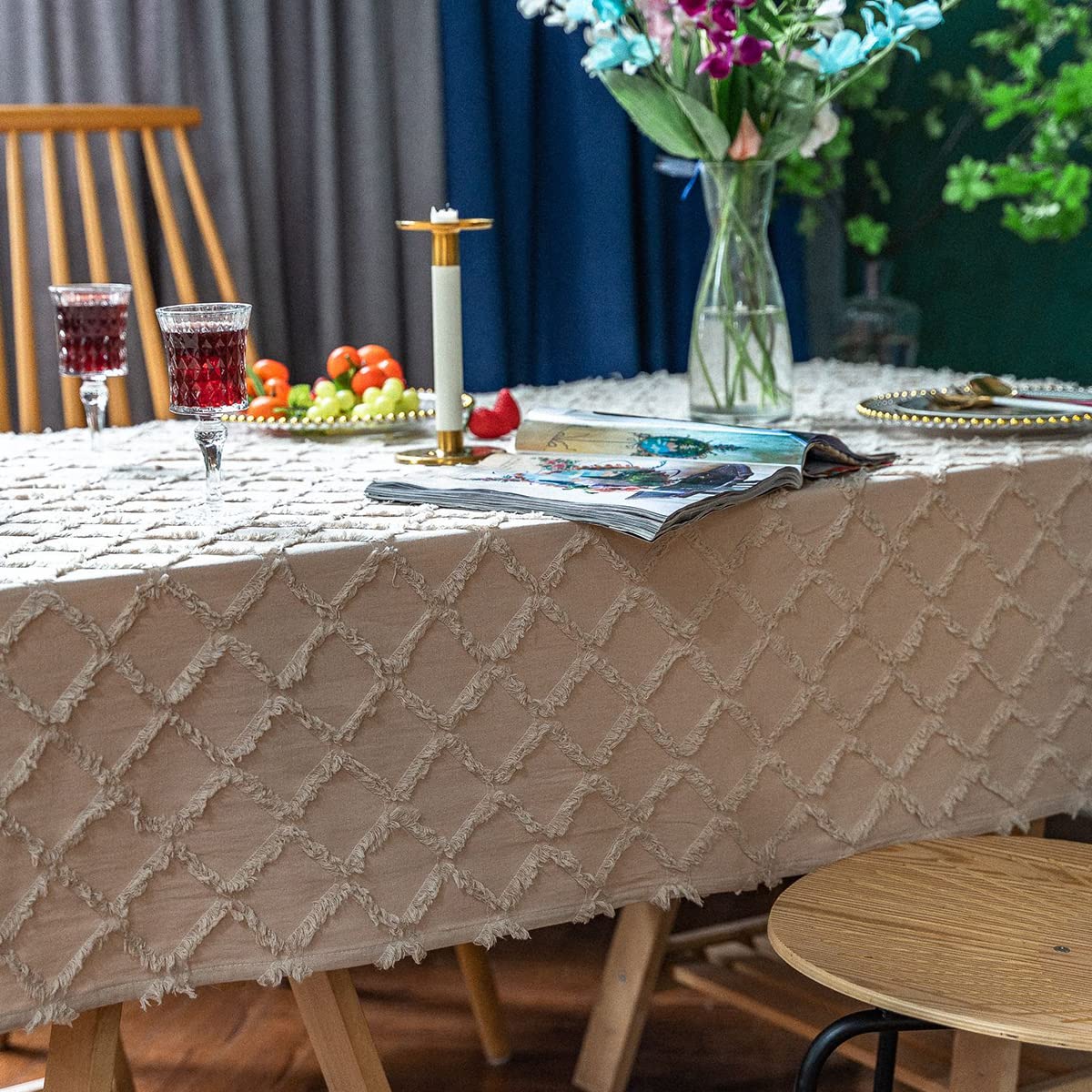 Premium Cotton Linen Tablecloth - Wrinkle & Fade Resistant Rectangle Table Cover with Embroidery for Kitchen, Dining, Party (Khaki) - Perfect for Holiday Gatherings, Restaurant Decor & Home Dining