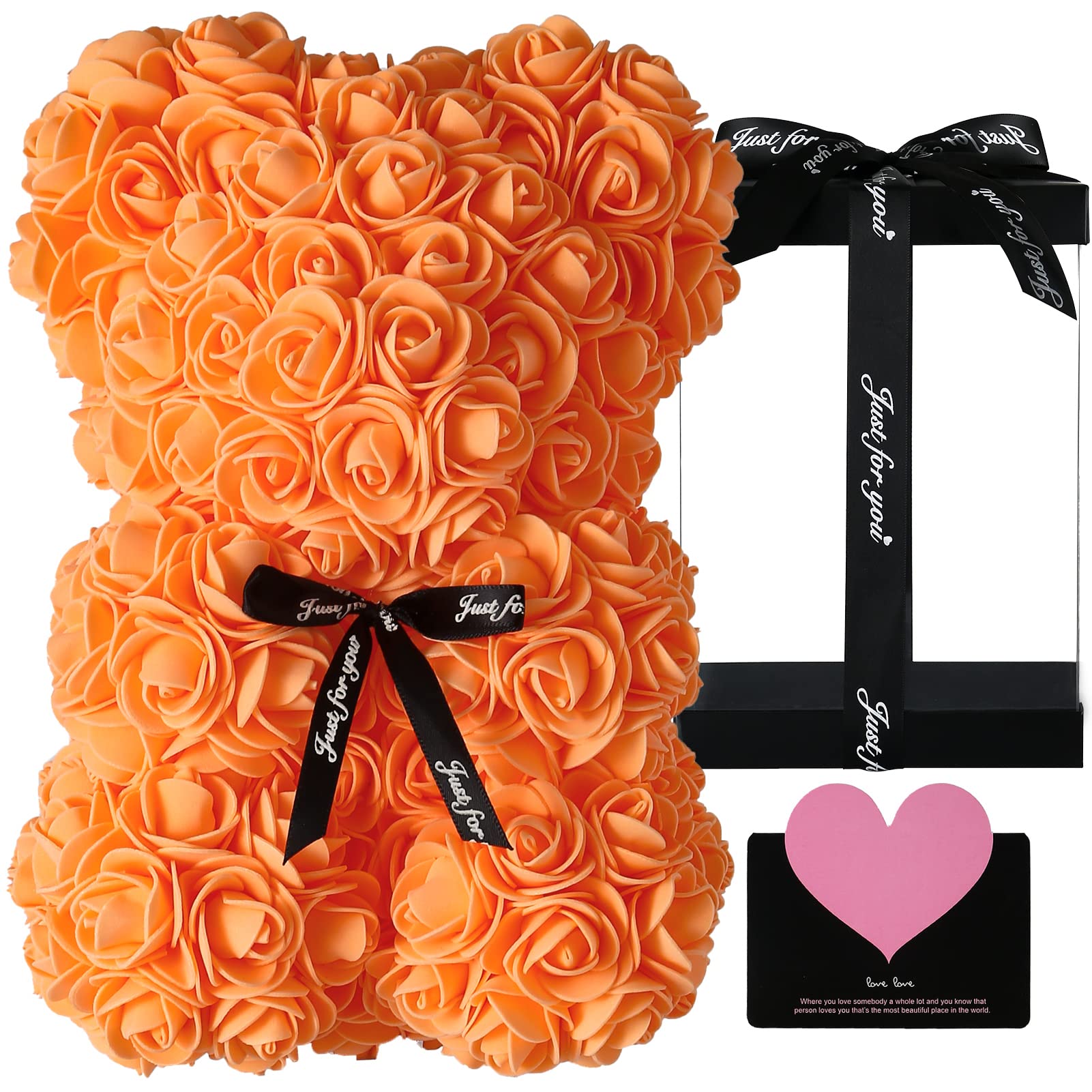 Rose Bear Teddy Bear Gift - Artificial Rose Flower Bear for Valentine's Day, Mother's Day, Christmas, Birthday, Anniversary & Bridal Showers (Orange) - Perfect Romantic Gift for Her with Elegant Gift Box | Home Decor, Wedding Centerpiece, Anniversary Surprise