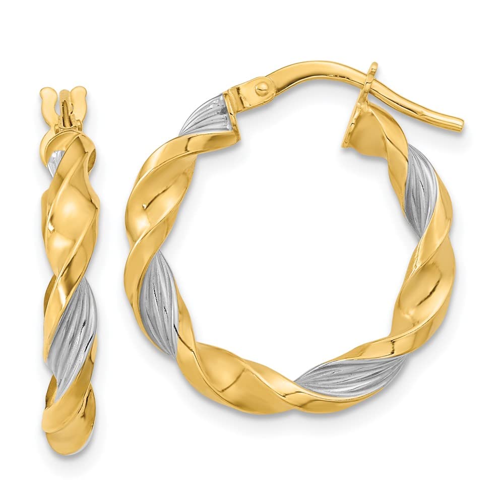 14K Yellow Gold & White Rhodium-Plated Polished Textured Twist Hoop Earrings for Women - Elegant Dangle Earrings for Party, Wedding & Everyday Wear