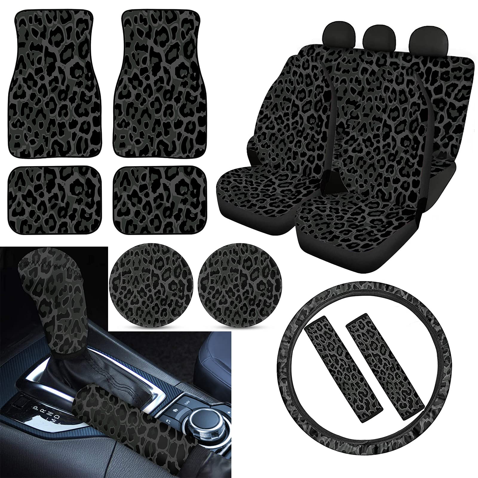 PZZ BEACH Black Grey Leopard Print 15-in-1 Universal Car Accessories Set - Seat Covers, Floor Mats, Steering Wheel Cover & More for Cars, SUVs & Trucks | Stylish Protection & Custom Interior Upgrade