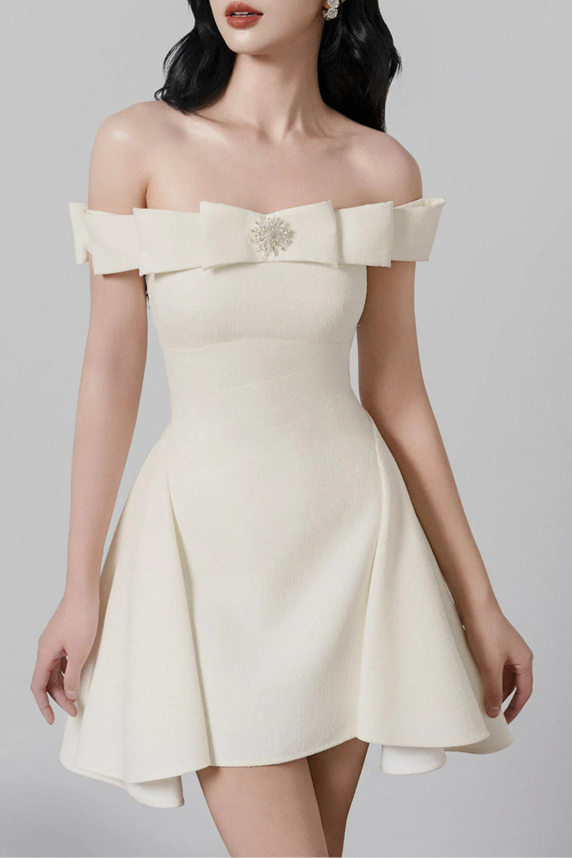 Elegant A-Line Open Shoulder Tweed Mini Dress for Women - Perfect for Cocktail Parties, Date Nights & Special Occasions