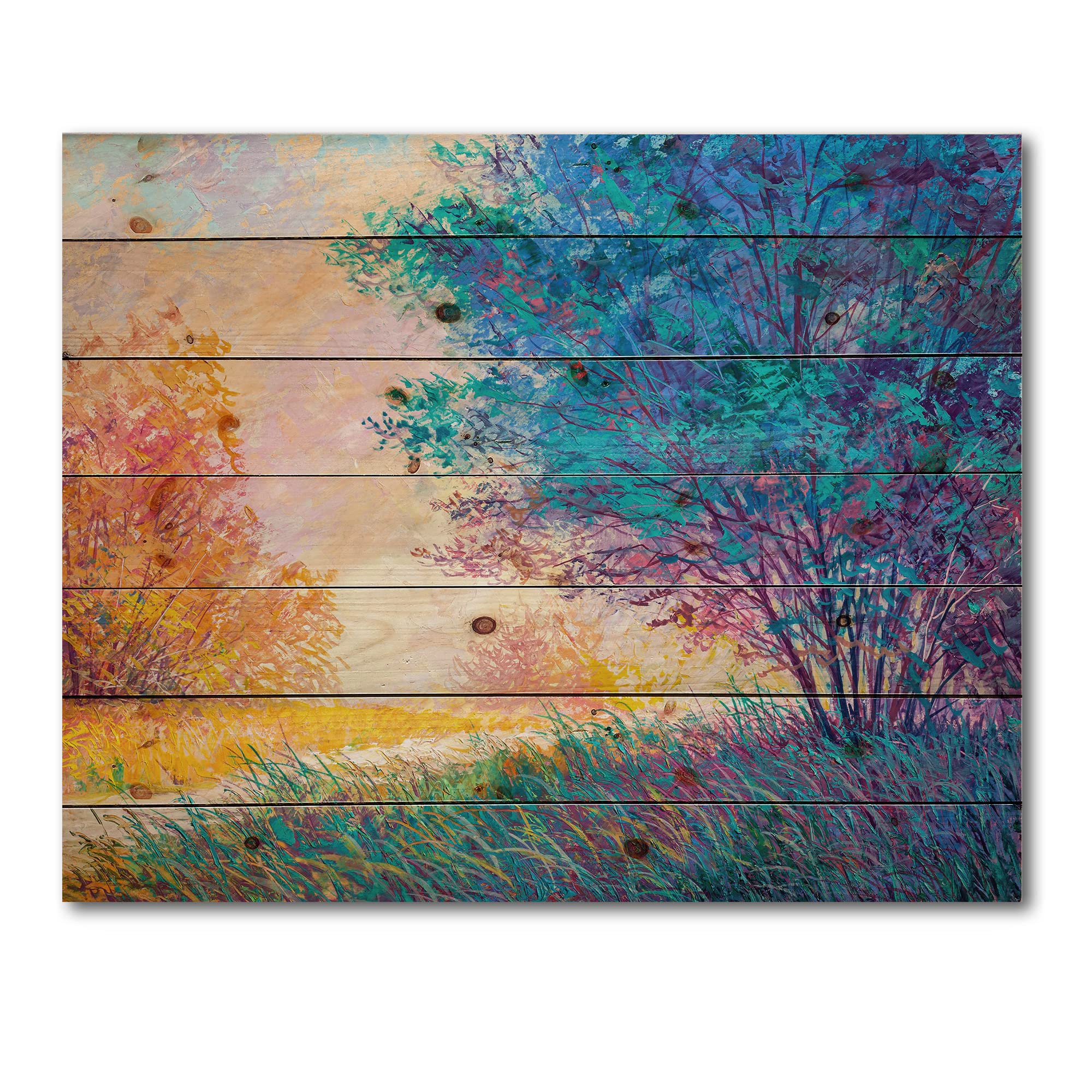 DesignQ Autumn Sunset Landscape Wood Wall Art - Traditional Blue Wooden Wall Decor, Large Pine Wood Panel Print - Perfect for Living Room, Bedroom & Office Decor
