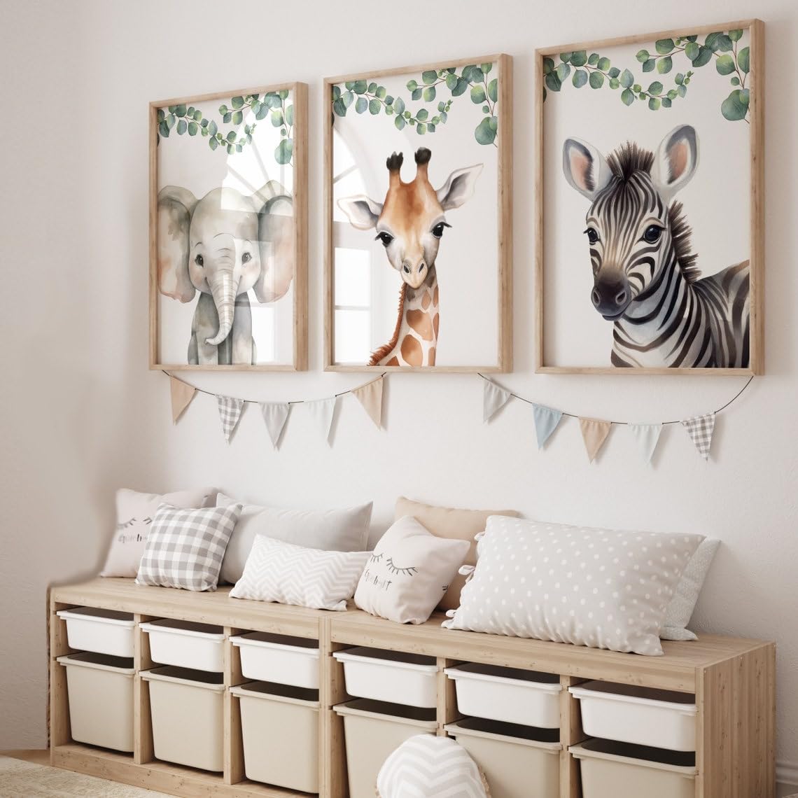 Set of 3 Safari Animal Canvas Prints - Jungle Theme Nursery Wall Art with Giraffe & Zebra - Gender Neutral Kids Room Decor - Ready to Hang Paintings for Boys & Girls Bedrooms - Perfect for Nursery, Playroom or Classroom Decor