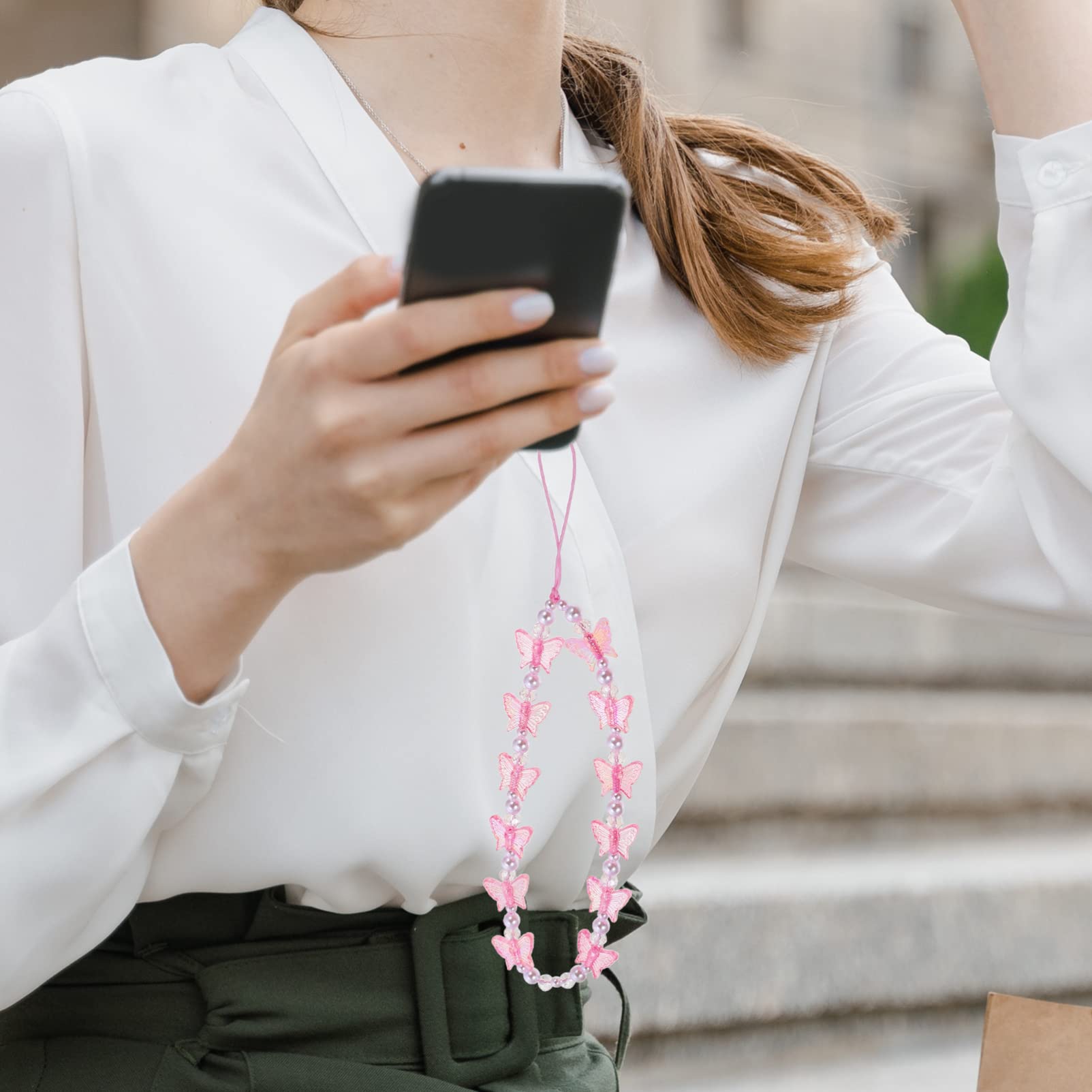 SOIMISS Pink Crystal Butterfly Beaded Phone Lanyard - Adjustable Wrist Strap for Smartphones, Cameras & Flashlights - Stylish Accessory for Women, Teens & Girls (Perfect for Parties, Concerts & Travel)